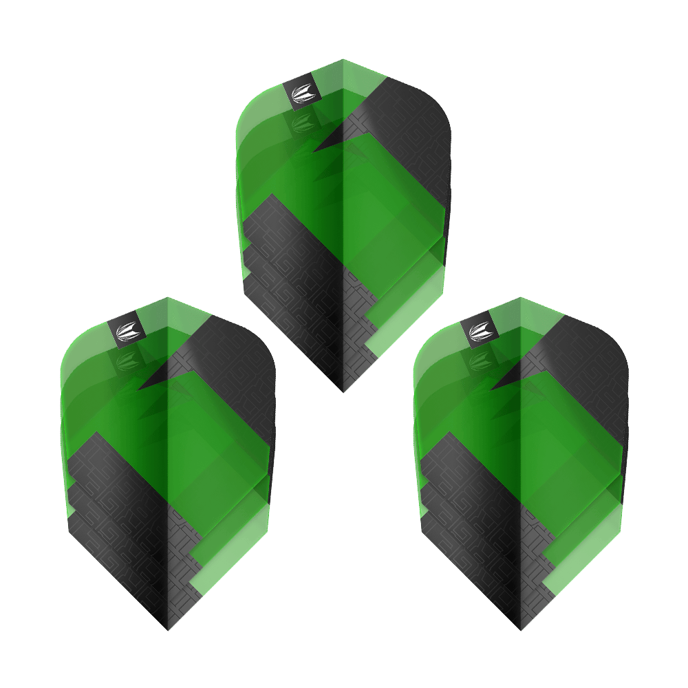 Target Pro Ultra TAG Green Ten-X standaardvluchten - 3 sets Das Bild zeigt drei grüne und schwarze Dart-Flights des Produkts "Target Pro Ultra TAG Grün Ten-X Standard". Die Flights haben ein auffälliges geometrisches Muster und das Target-Logo oben.