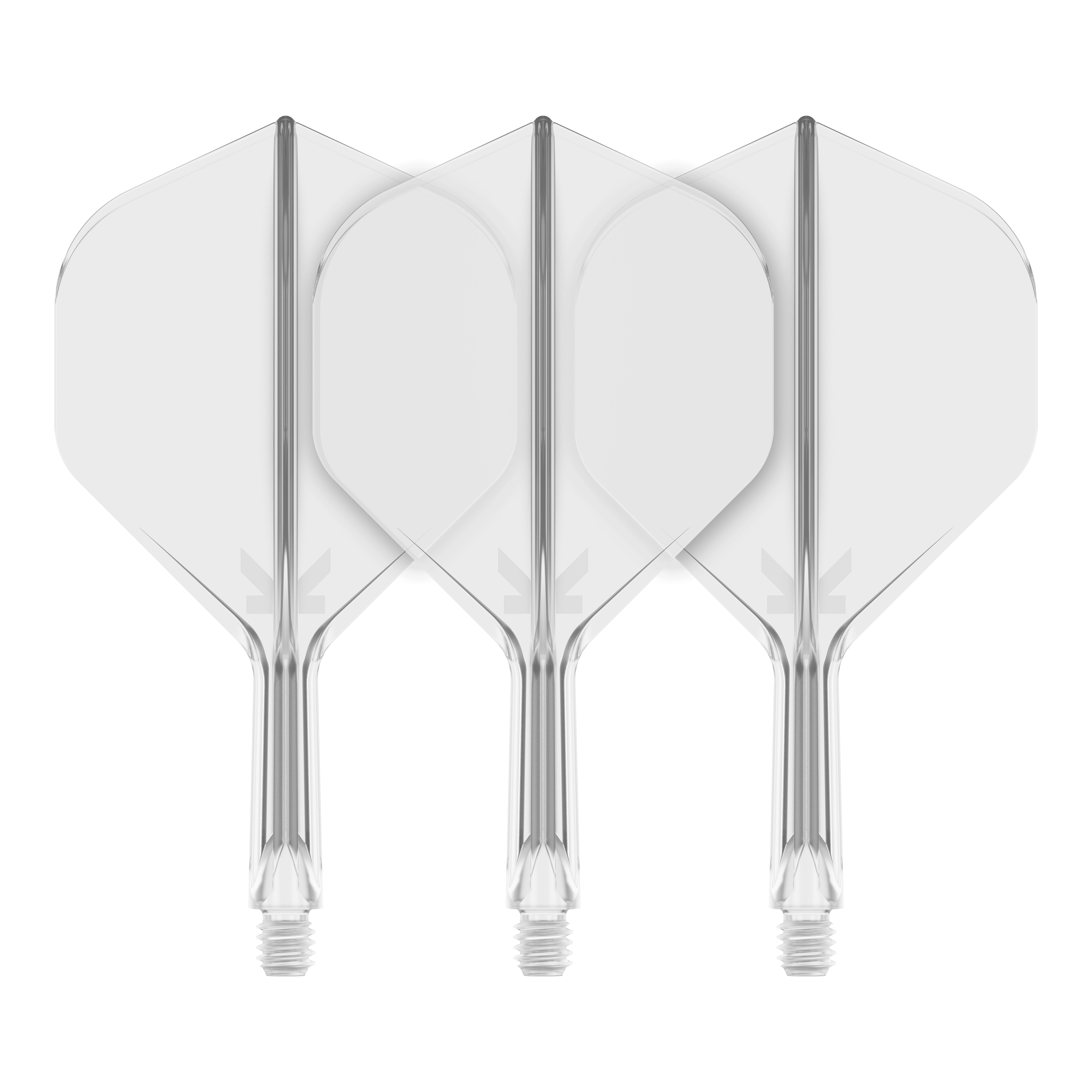 Target K-Flex No2 Standaard Vluchtsysteem - Helder Auf dem Bild sind drei transparente Dart-Flights mit Standardform zu sehen. Sie sind nebeneinander angeordnet und haben klare, glatte Kanten.