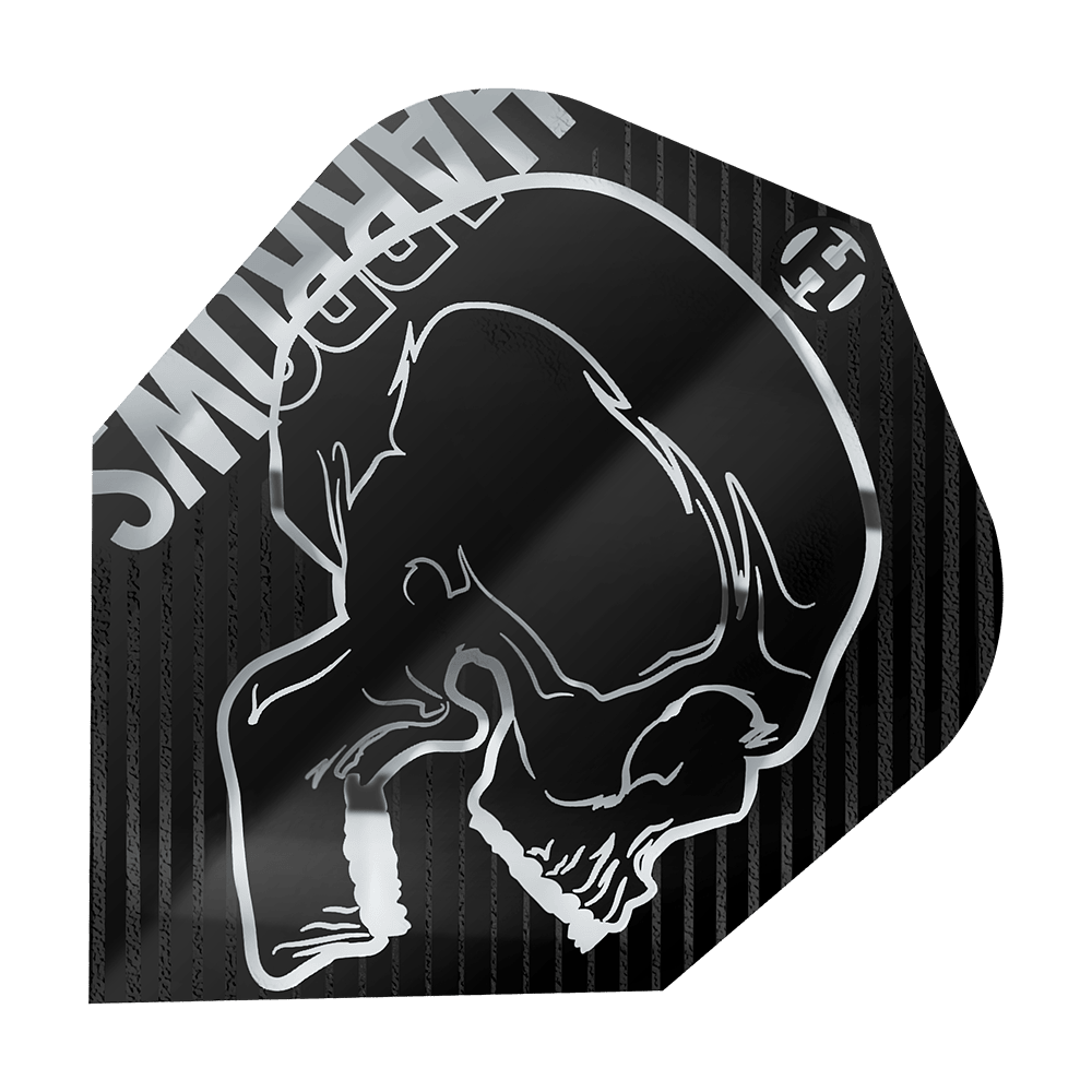 Harrows Rage Silver No6 Vluchten Das Bild zeigt das Produkt "Harrows Rage Silver No6 Flights". Auf dem Flight ist ein silberner Totenkopf auf schwarzem Hintergrund abgebildet.