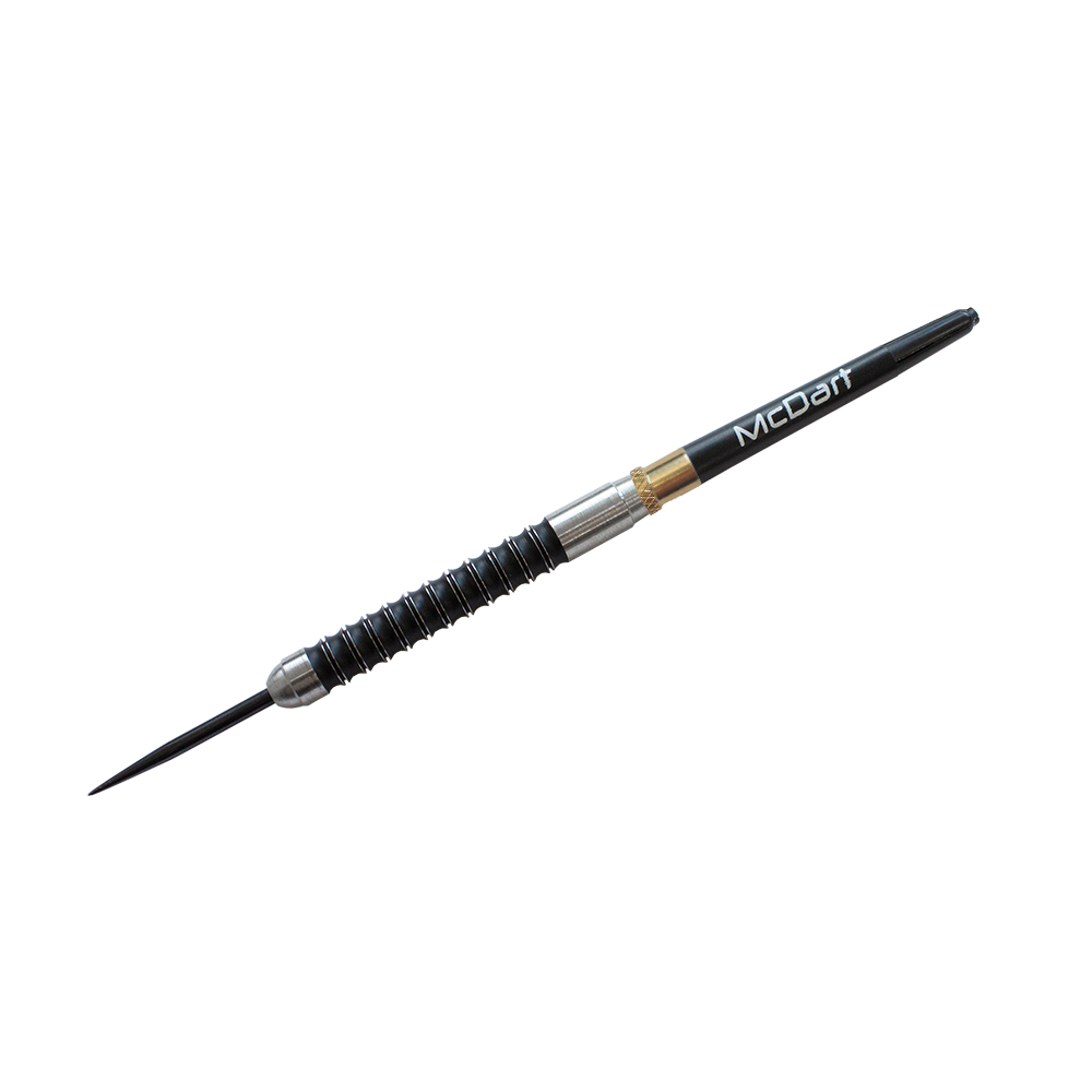 Addagramms Zusatzgewichte Das Bild zeigt einen schwarzen Dartpfeil mit der Aufschrift "McDart". Es handelt sich um das Produkt "Addagramms Zusatzgewichte", das zur Gewichtsanpassung von Dartpfeilen verwendet wird.