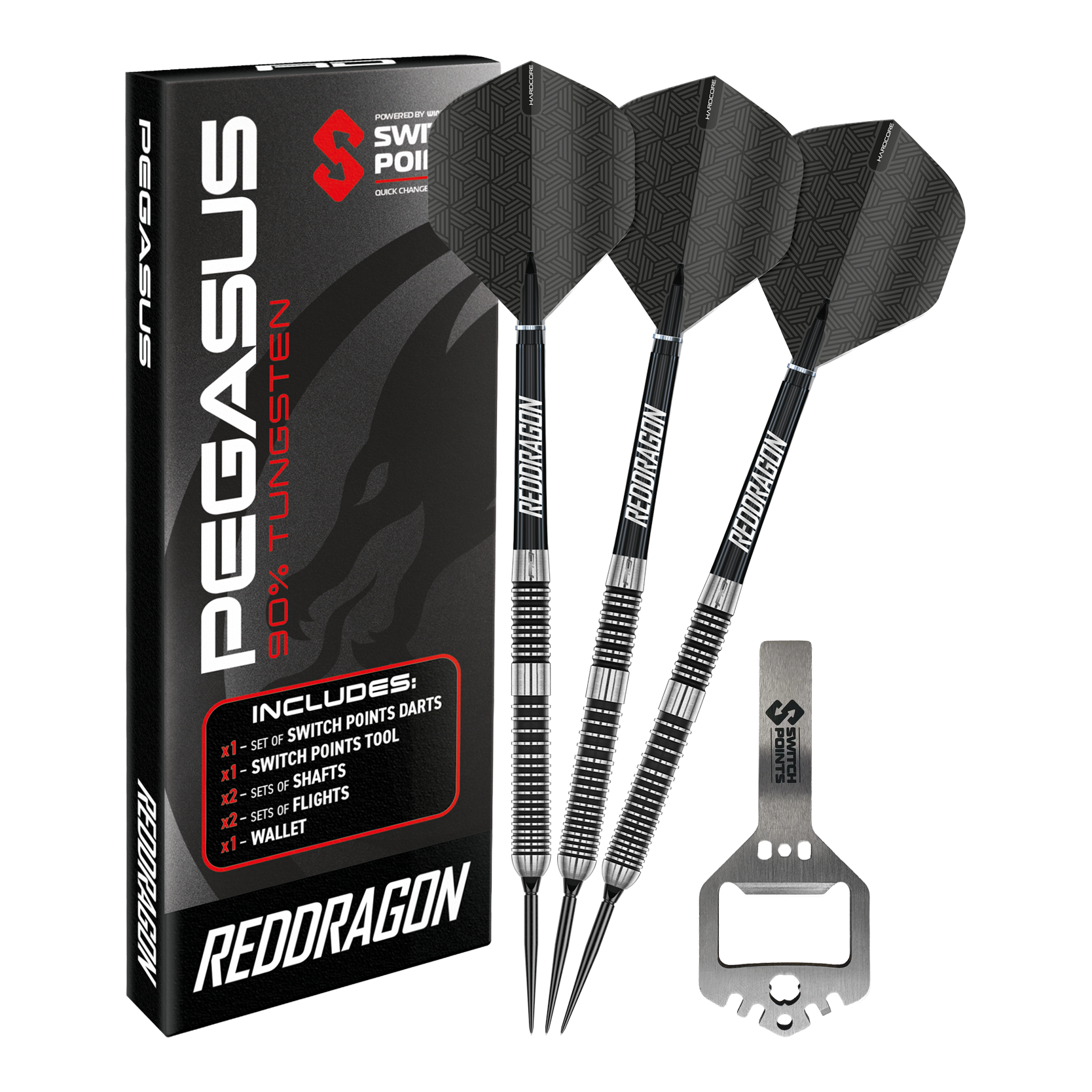 Red Dragon Pegasus Switch Point Stalen Darts Abgebildet sind Red Dragon Pegasus Switch Point Steeldarts. Diese Darts sind robust und für verschiedene Spielniveaus geeignet.