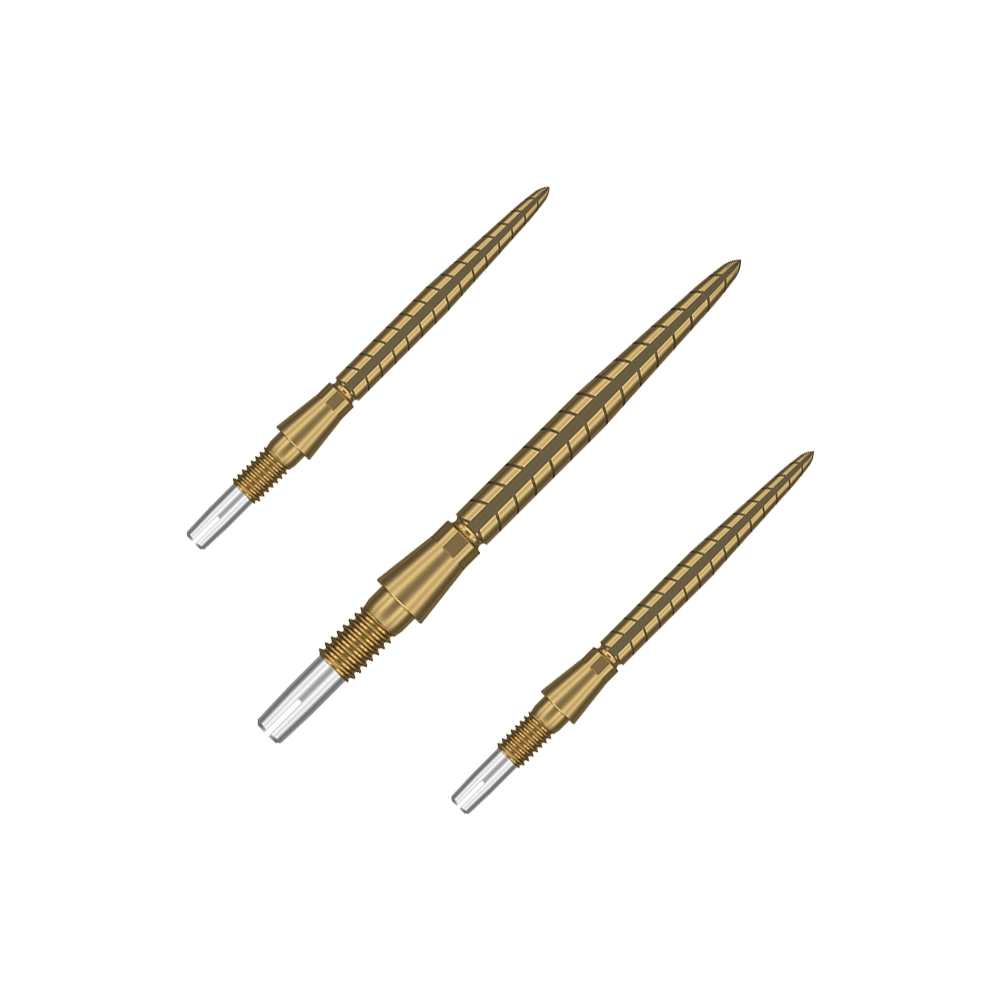 Target Swiss Storm Quartz Dartpunten - Goud Auf dem Bild sind drei goldfarbene Dartspitzen zu sehen. Sie sind schlank, haben ein geriffeltes Design und haben vorne eine silberne Spitze.