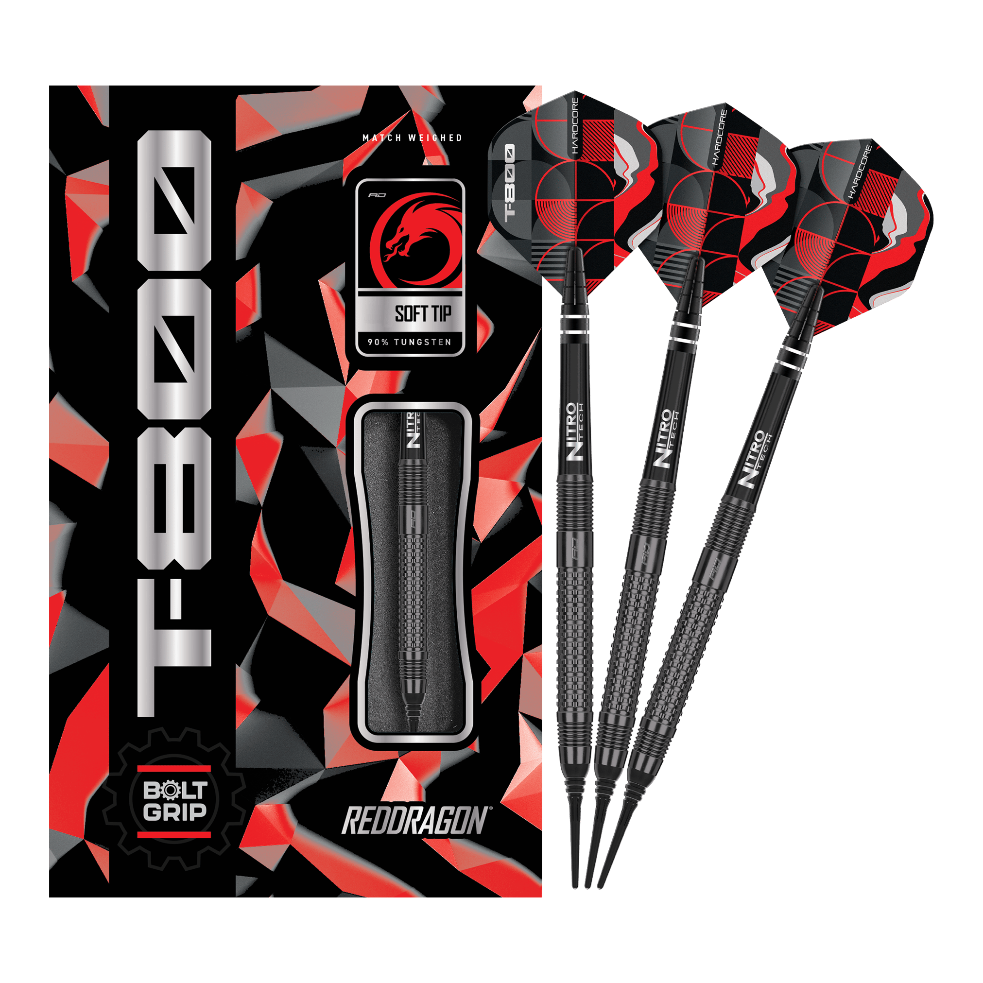 Red Dragon T-800 zachte darts - 20g Das Bild zeigt die Red Dragon T-800 Softdarts mit 20g Gewicht in einer schwarzen und roten Verpackung. Drei schwarze Softdarts mit roten und schwarzen Flights sind neben der Verpackung abgebildet.