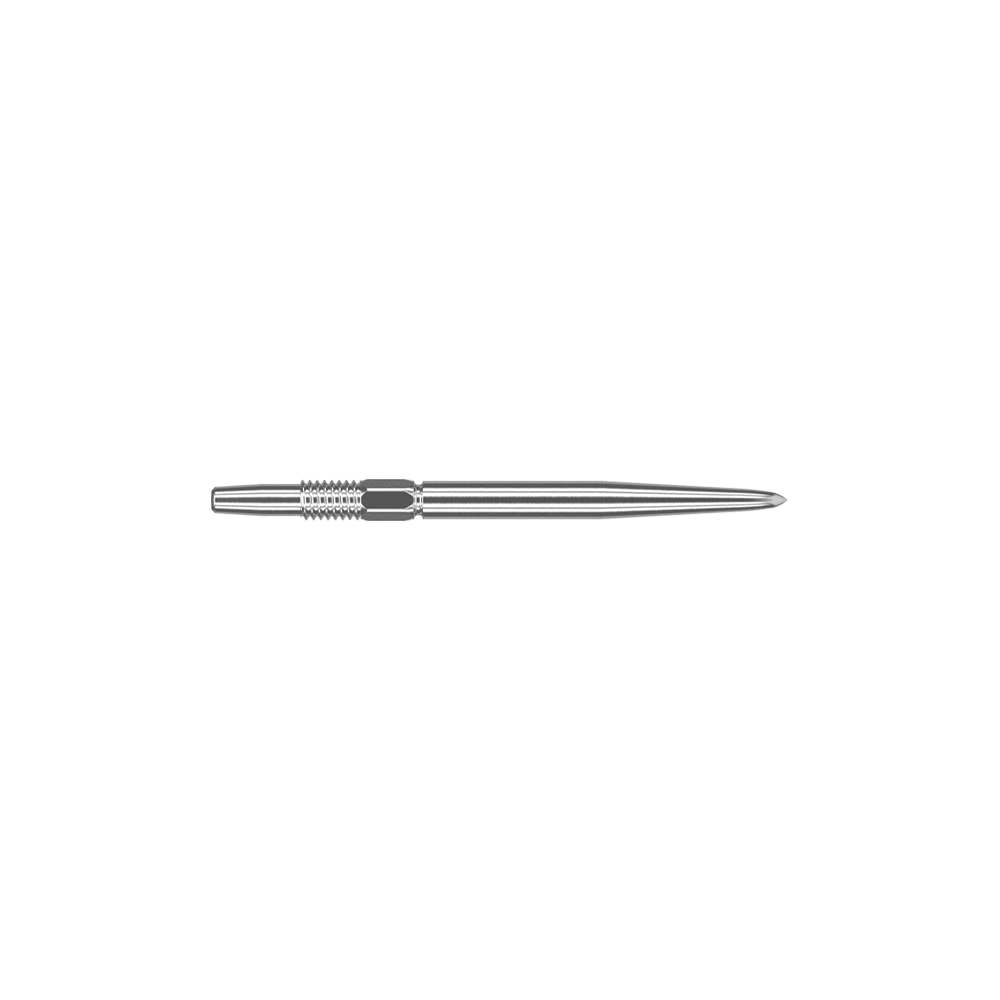 Target Swiss Point Zilveren dartpunten Auf dem Bild ist eine silberne Dartspitze zu sehen. Sie ist schmal, metallisch und hat eine Länge von 26 mm.