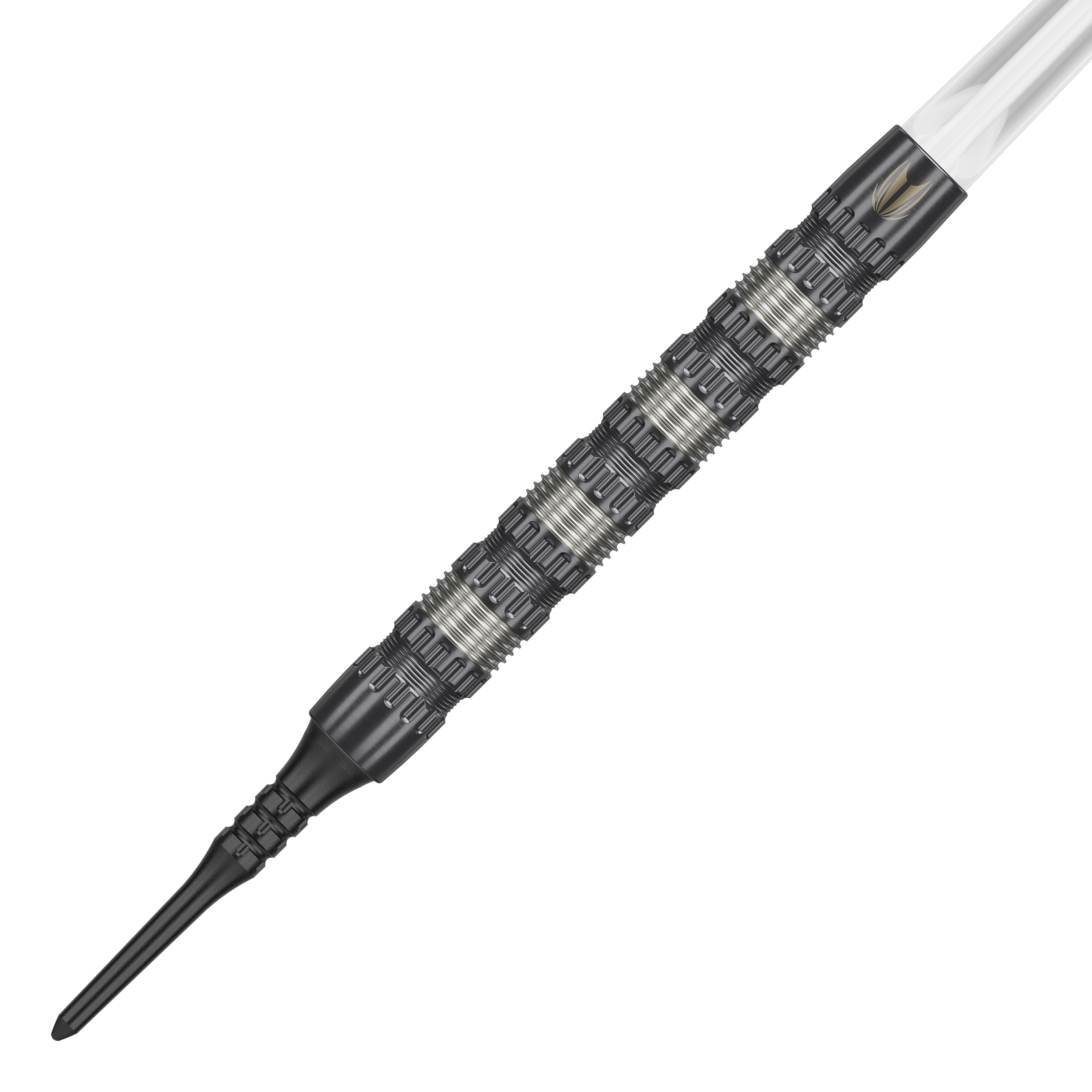 Target Rob Cross 95K Swiss Point Zachte Darts - 18g Das Bild zeigt einen Target Rob Cross 95K Swiss Point Softdart mit einem Gewicht von 18 Gramm. Der Dartpfeil hat ein markantes, silber-schwarzes Griffdesign und eine schwarze Softspitze.