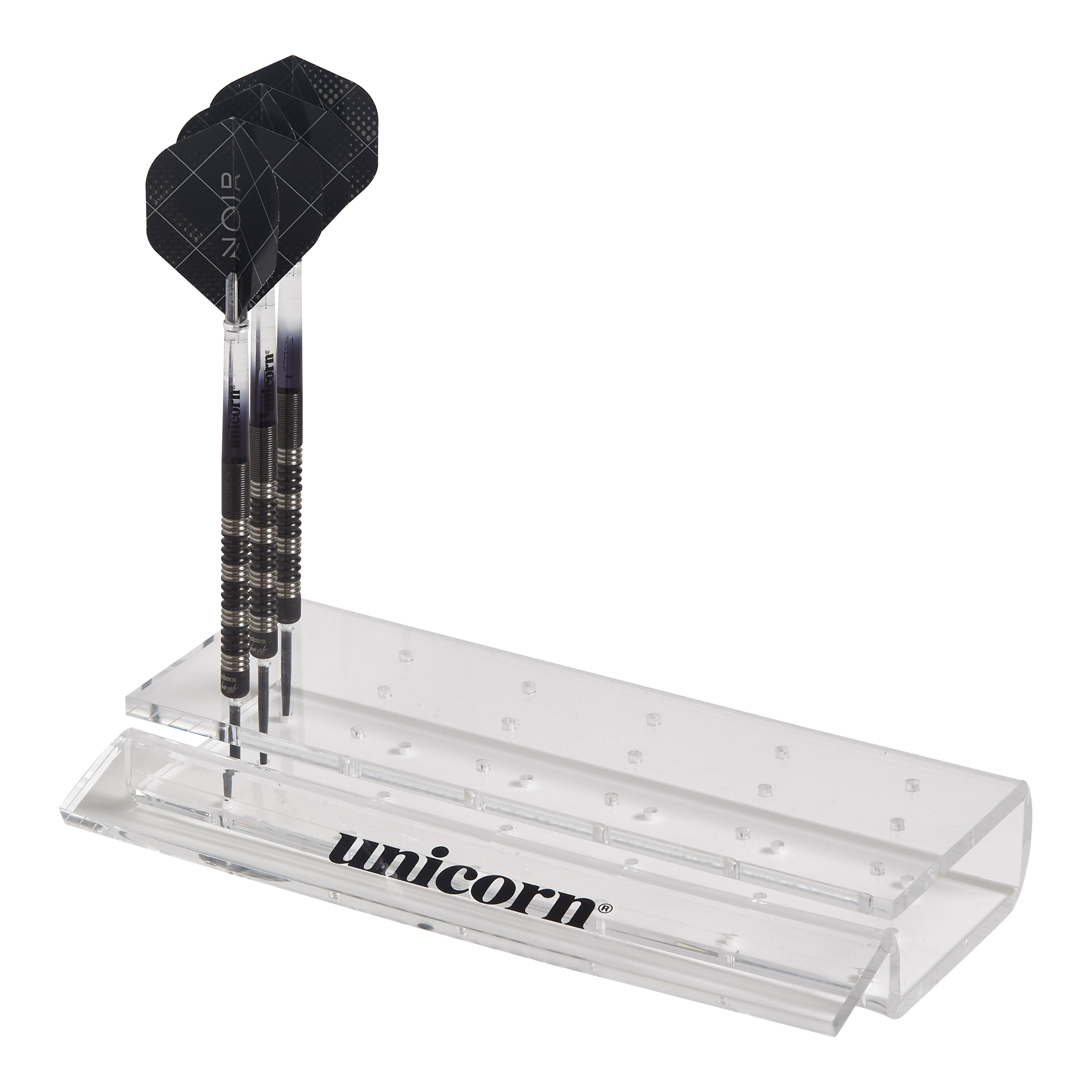 Unicorn Acryl Dartstandaard Das Bild zeigt einen durchsichtigen Acryl-Dartständer der Marke Unicorn. Im Ständer sind drei Dartpfeile ordentlich aufgestellt.