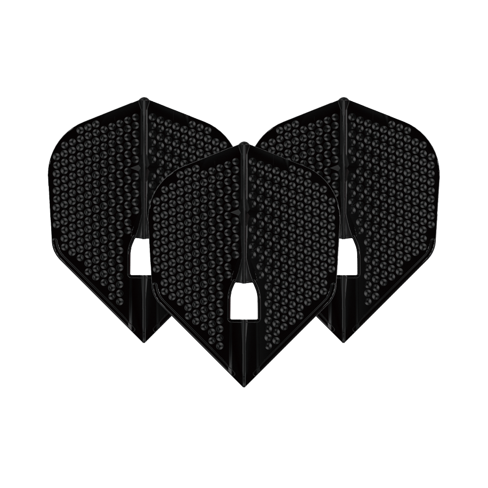 L-Style Flights Dimple Champagne L3PRO Shape Das Bild zeigt drei schwarze L-Style Flights Dimple Champagne L3PRO Shape. Sie haben eine strukturierte Oberfläche mit kleinen runden Vertiefungen.