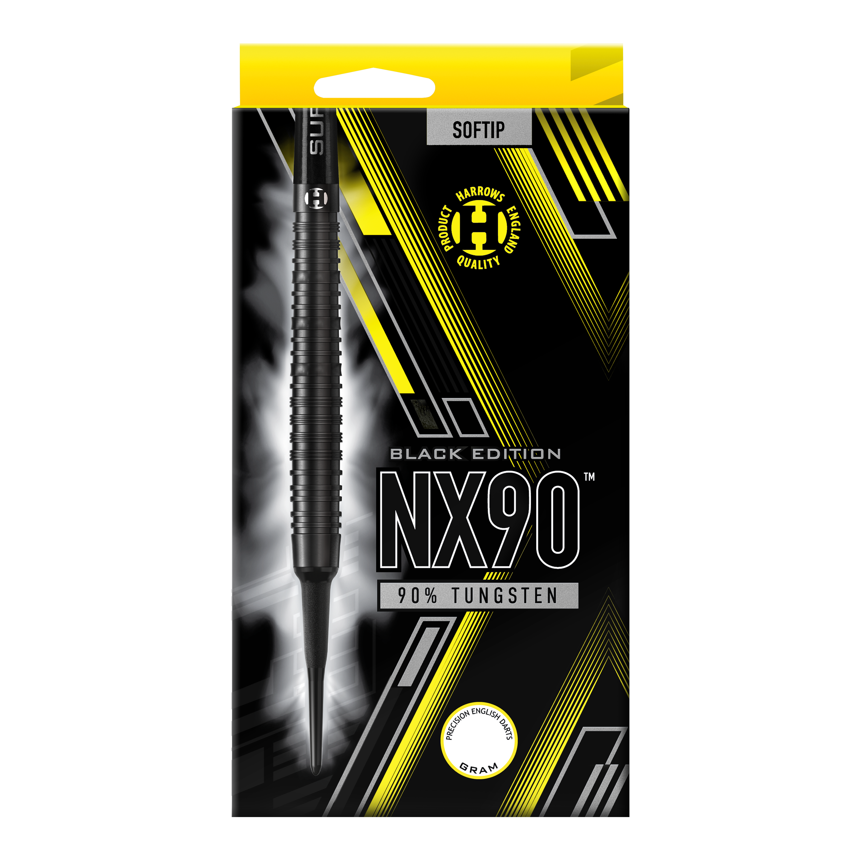 Harrows NX90 Black Edition zachte darts Auf dem Bild ist die Verpackung der "Harrows NX90 Black-Edition Softdarts" zu sehen. Die Verpackung ist überwiegend schwarz mit gelben und silbernen Akzenten und zeigt einen Softdart aus 90% Tungsten.
