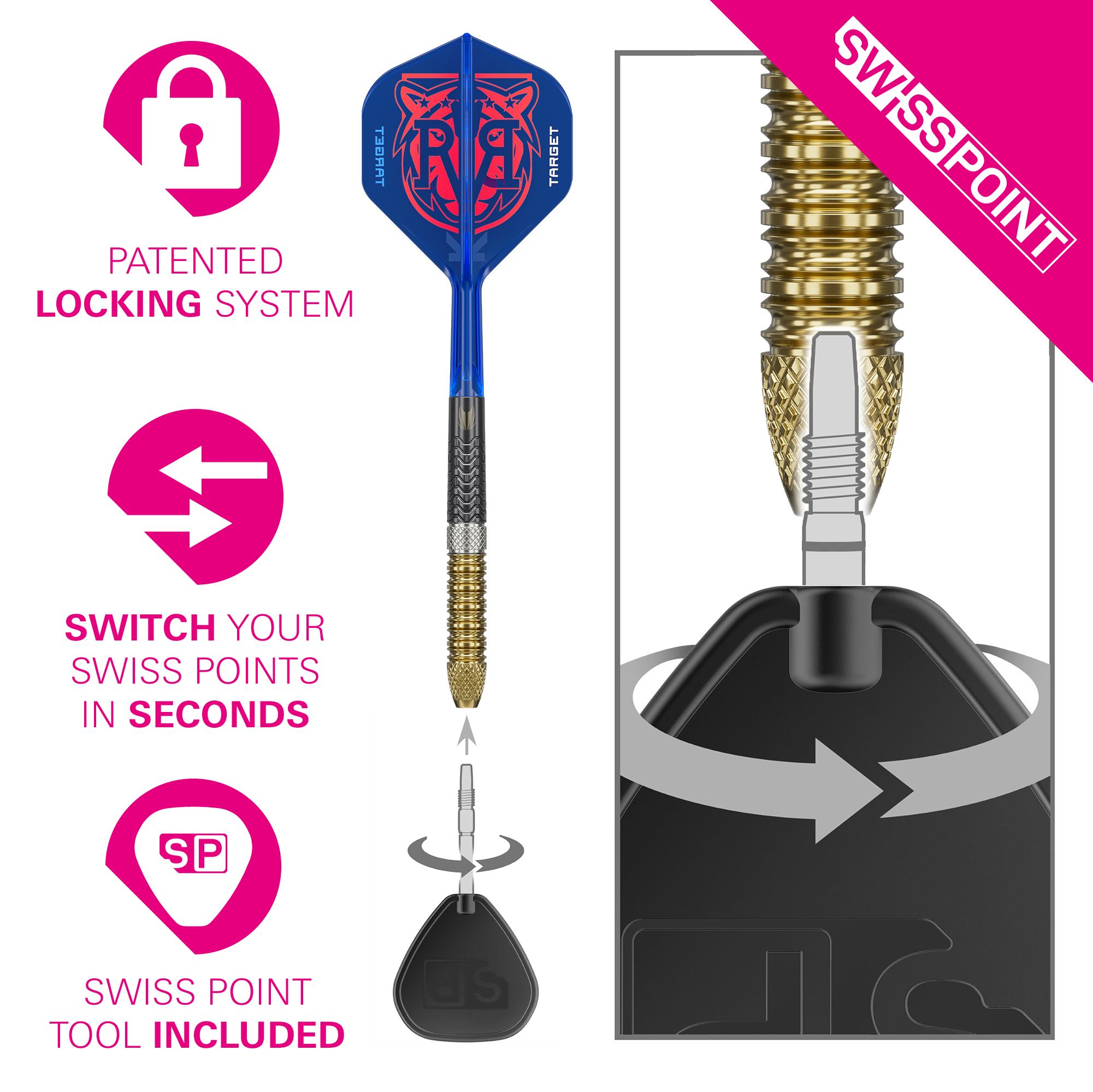 Target Raymond Van Barneveld GEN6 Swiss Point stalen darts Das Bild zeigt die Target Raymond Van Barneveld GEN6 Swiss Point Steeldarts. Die Darts sind hochwertig verarbeitet und speziell für professionelle Spieler entwickelt.