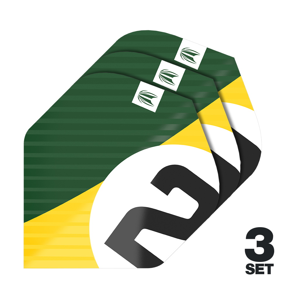 Target Pro Ultra Chicane Green No2 Standaardvluchten - 3 sets Das Bild zeigt drei Sets der Target Pro Ultra Chicane Green No2 Standard Flights. Die Flights sind grün mit gelben und weißen Akzenten sowie einer großen schwarzen „2“ bedruckt.