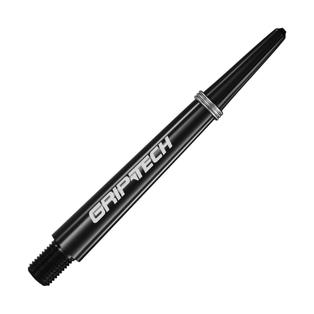 GOAT Griptech Shafts - Zwart Auf dem Bild ist ein schwarzer Dart-Schaft mit der Aufschrift "GRIPTECH" zu sehen. Der Schaft ist schlank und hat silberne Ringe in der Nähe des oberen Endes.