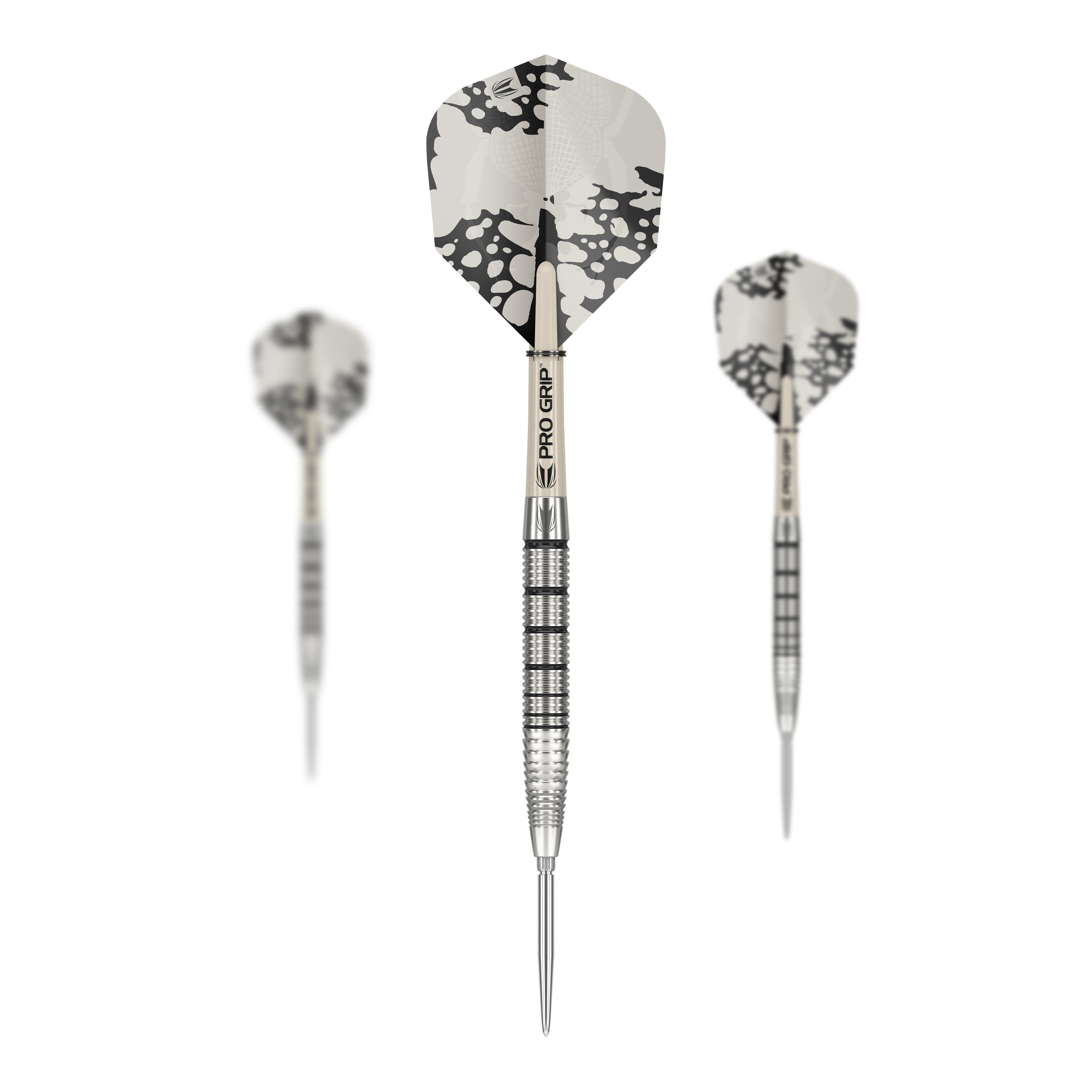 Target EXO SP02 Swiss Point stalen dartpijlen Das Bild zeigt drei Target EXO SP02 Swiss Point Steeldarts mit modernen, silbernen Flights. Die Darts haben einen geriffelten Griff und sind mit dem Schriftzug "PRO GRIP" versehen.