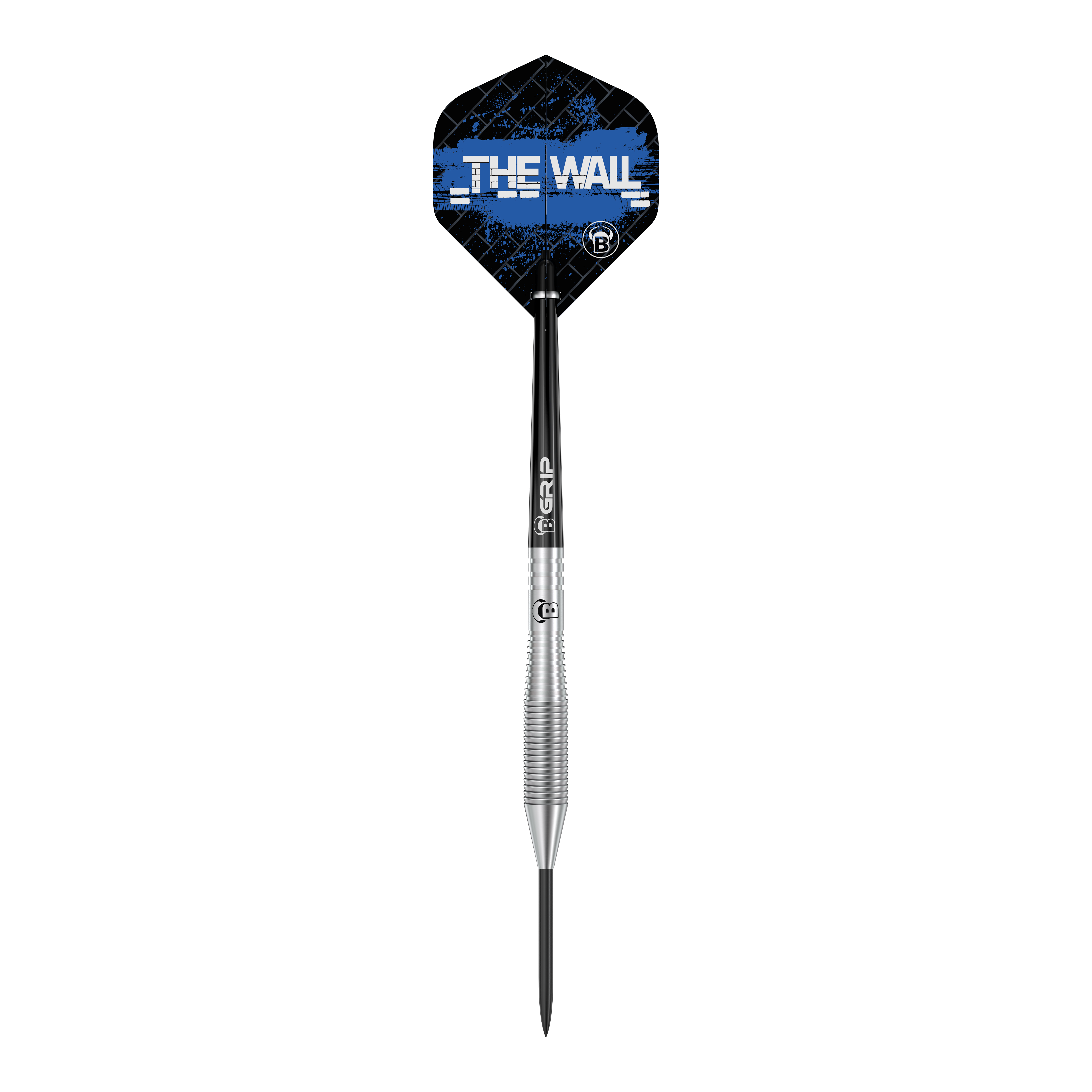 Bulls Martin Schindler TW80 stalen darts Das Bild zeigt einen Bull's Martin Schindler TW80 Steeldartpfeil. Auf dem Flight steht in weißer Schrift "THE WALL" vor einem blauen Hintergrund.
