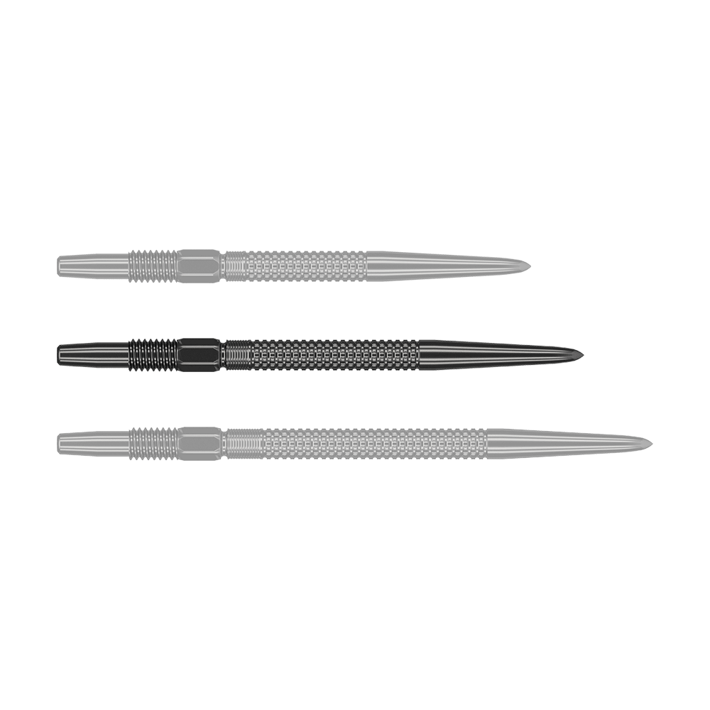 Target Swiss Point GRD Zwarte dartpunten Das Bild zeigt drei schwarze Dartspitzen des Produkts "Target Swiss Point GRD Black Dartspitzen". Sie sind nebeneinander angeordnet und haben eine strukturierte Oberfläche.