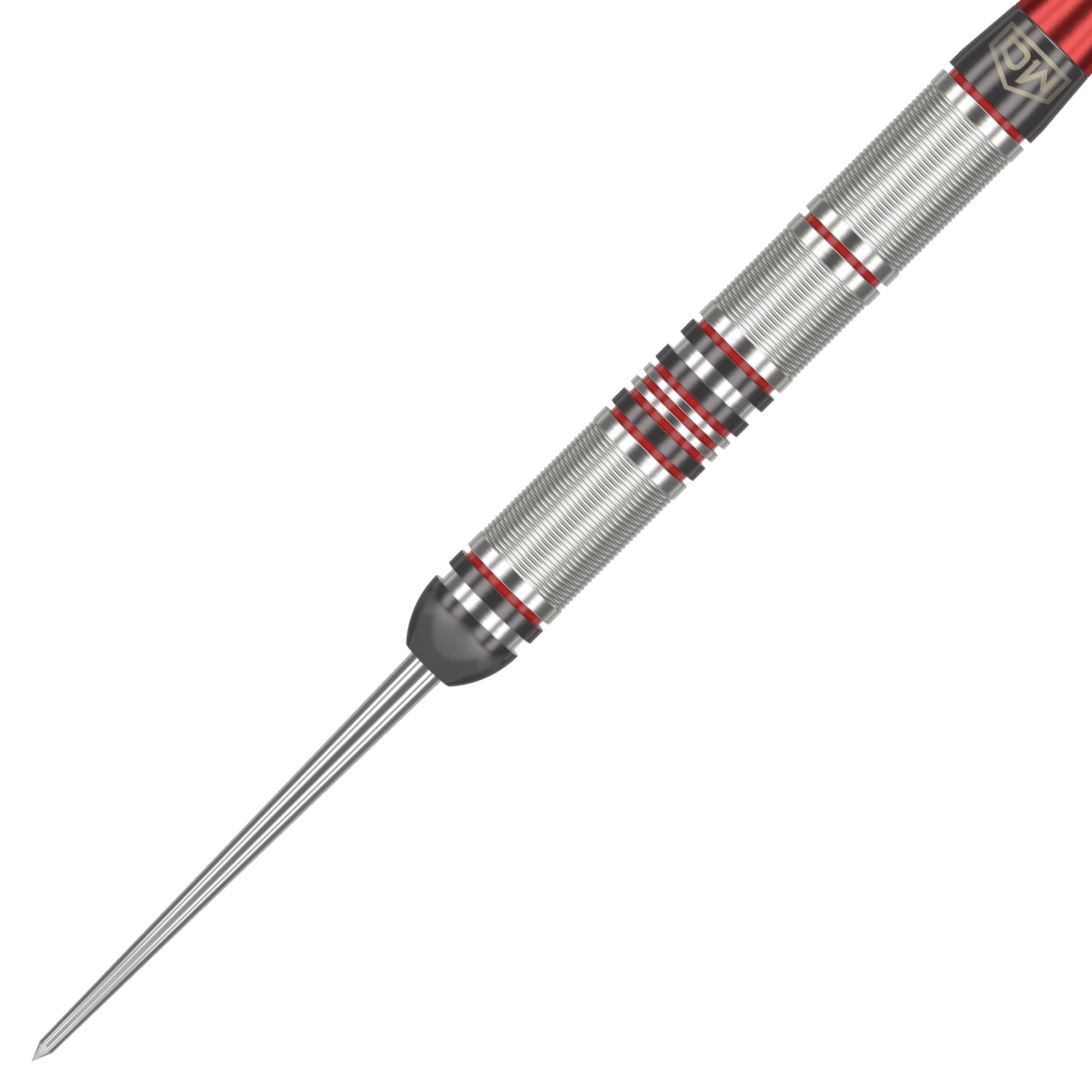 DW Piranha Razor 01 stalen darts Das Bild zeigt einen DW Piranha Razor 01 Steeldart. Der Dartpfeil ist silbern mit roten Akzenten und hat eine feine Griffstruktur.