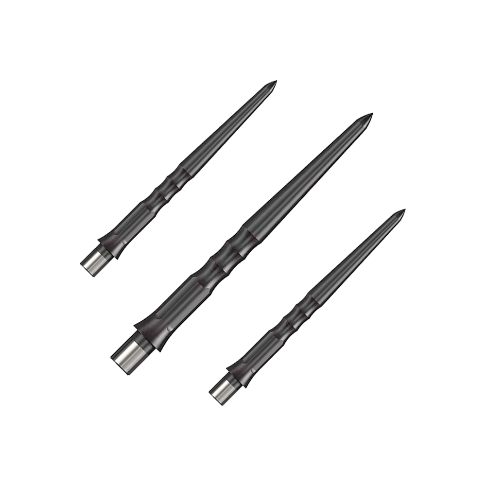 Caliburn System Steeldart Tips - Ripple - NoLip - Zwart Auf dem Bild sind drei schwarze Stahlspitzen für Dartpfeile zu sehen. Sie haben ein geriffeltes Design und sind 28 mm lang.