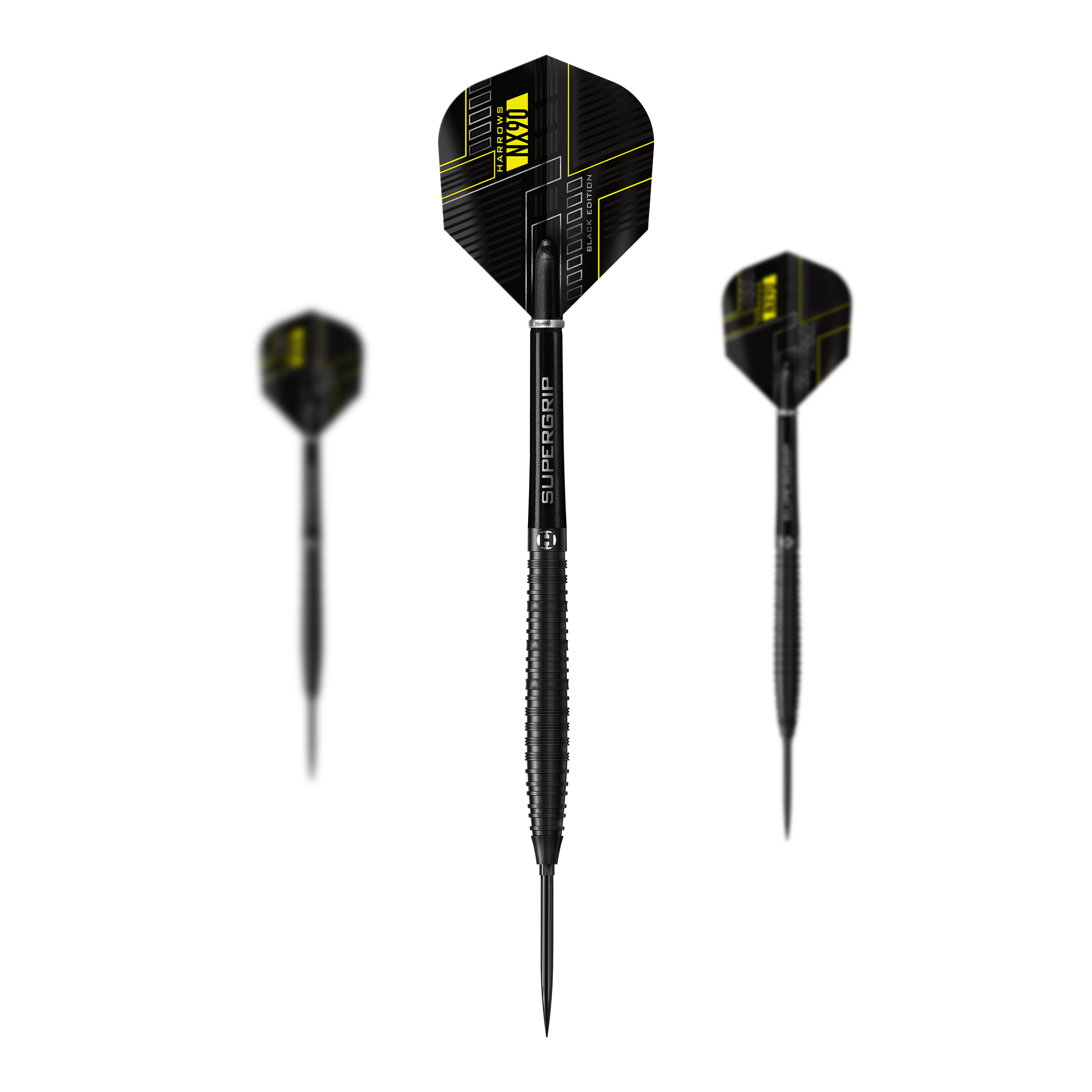 Harrows NX90 Black Edition Tapered Quick Point Steel Darts Abgebildet sind die Harrows NX90 Black Edition Tapered Quick Point Steeldarts als Set. Das Bild zeigt die Zusammenstellung der Darts.