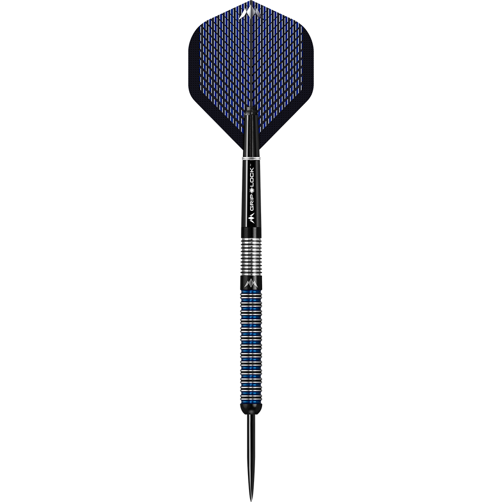 Mission Nightfall Model 1 stalen darts Das Bild zeigt einen Mission Nightfall Model 1 Steeldart. Der Dart hat ein modernes Design mit schwarzen und blauen Akzenten.