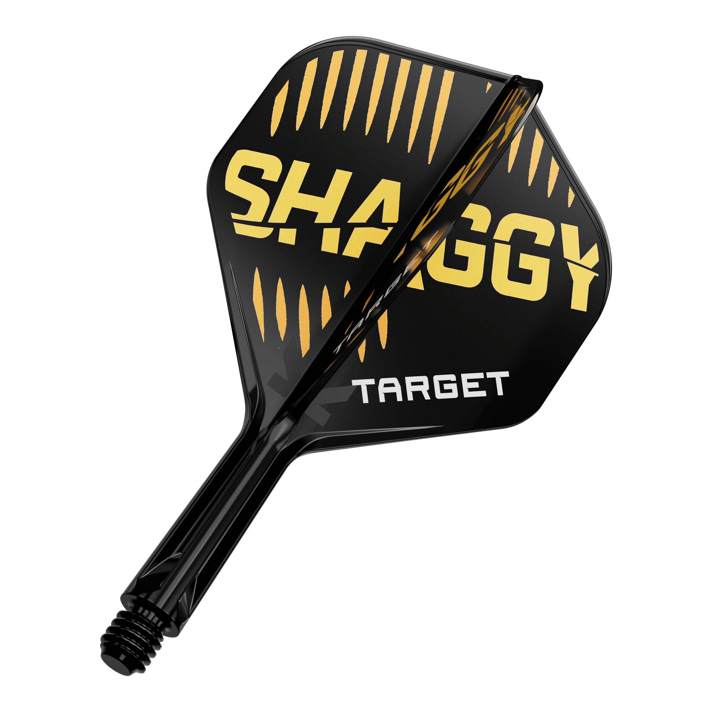 Das Bild zeigt eine schwarze Dartflügel mit gelben und weißen Aufschriften. Auf dem Flügel stehen die Worte "SHAGGY" und "TARGET".