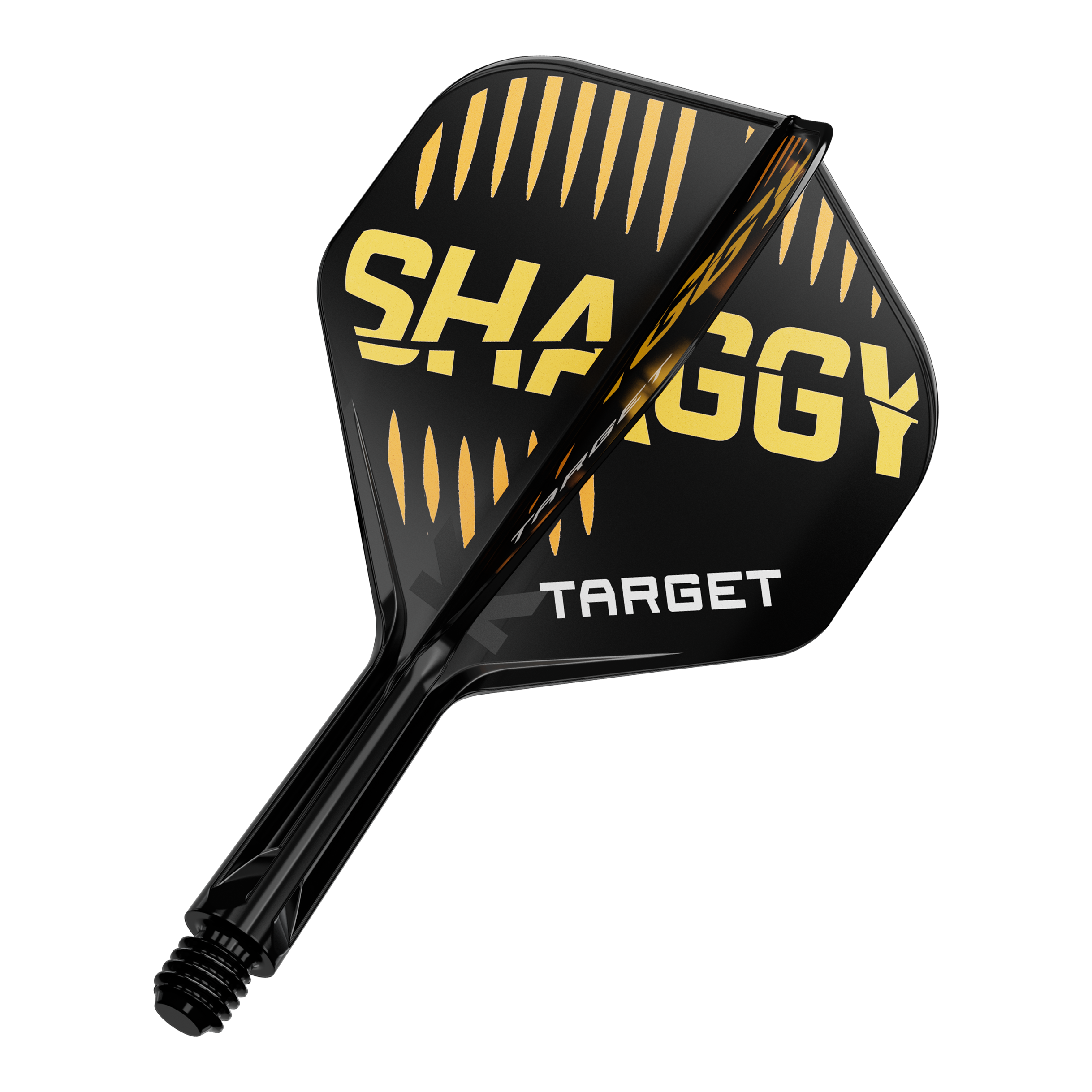 Target K-Flex Scott Williams No2 Standaard Vluchtas Systeem Das Bild zeigt eine schwarze Dartflügel mit gelben und weißen Aufschriften. Auf dem Flügel stehen die Worte "SHAGGY" und "TARGET".