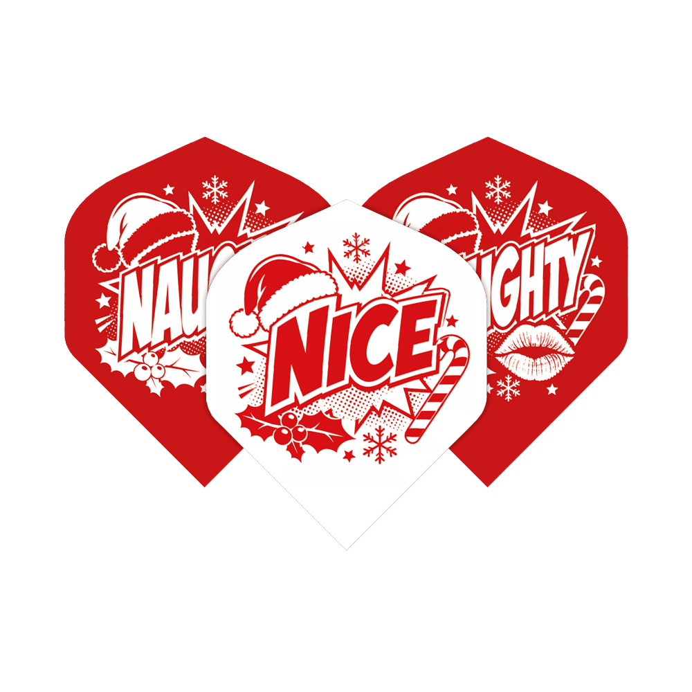 McDart Naughty Or Nice No2 Standaardvluchten Abgebildet ist das Produkt McDart Naughty Or Nice No2 Standard Flights. Es handelt sich um Dartflights in Standardgröße.