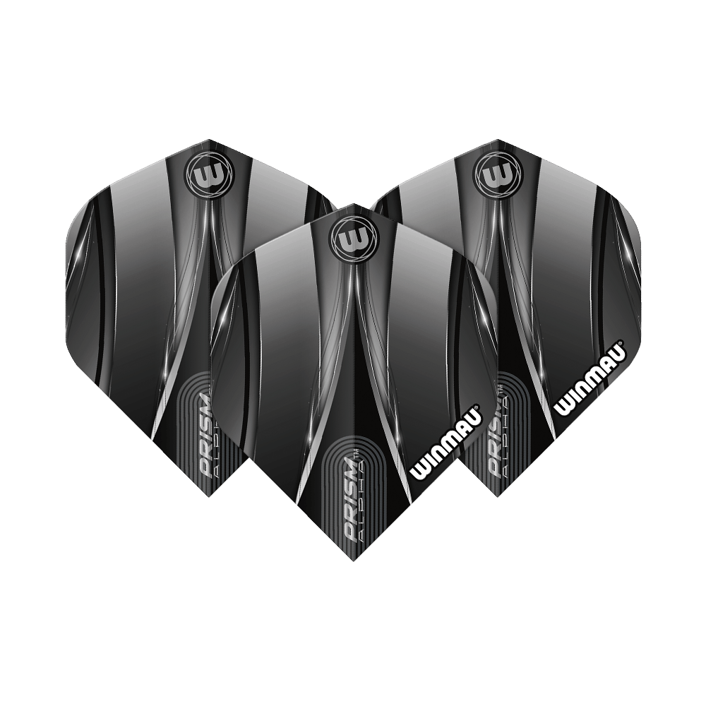 Winmau Alpha Sniper Black standaardvluchten Das Bild zeigt drei schwarze Dart-Flights der Marke Winmau mit dem Namen "Alpha Sniper". Die Flights haben ein modernes, glänzendes Design mit silbernen und weißen Akzenten.