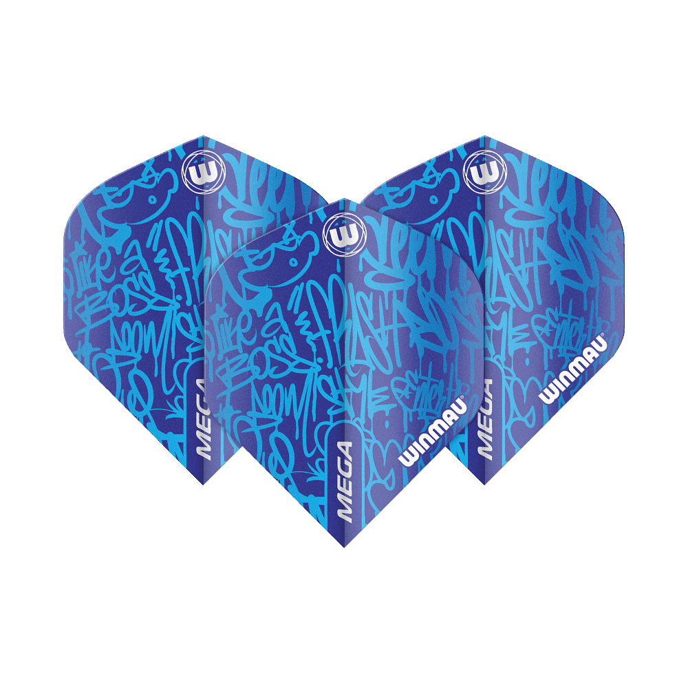 6900-240_Winmau_Mega_Blue_Standard_Flights_1nd3pGe9p5OaM7 Das Bild zeigt drei blaue Dart-Flights der Marke Winmau mit dem Namen "Mega Blue Standard Flights". Die Flights haben ein auffälliges, grafisches Muster in verschiedenen Blautönen und weißen Schriftzügen.
