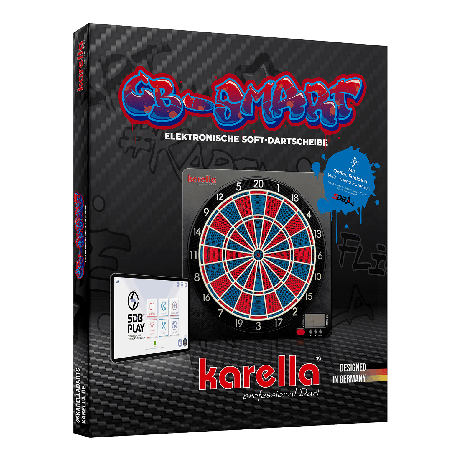 Karella CB-Smart Elektronisch Zacht Dartbord Die Verpackung zeigt die "Karella CB-Smart Elektronische Soft-Dartscheibe". Auf der Vorderseite sind die Dartscheibe und ein Bedienfeld abgebildet, sowie Hinweise auf die Online-Funktion.