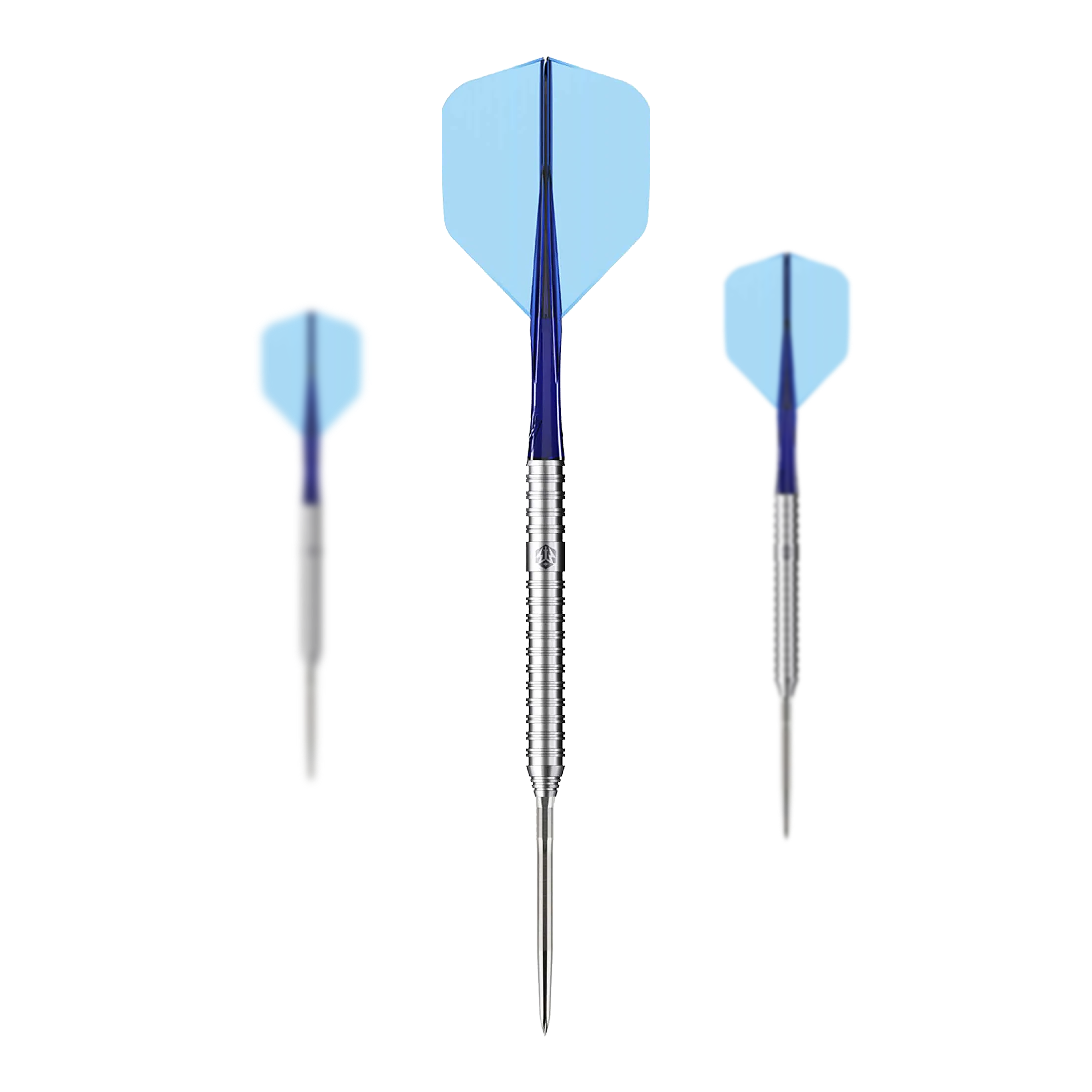 Das Bild zeigt drei Caliburn Forge F3 Steeldarts mit einem Gewicht von 22g. Die Darts haben blaue Flights und silberne, gerillte Spitzen.
