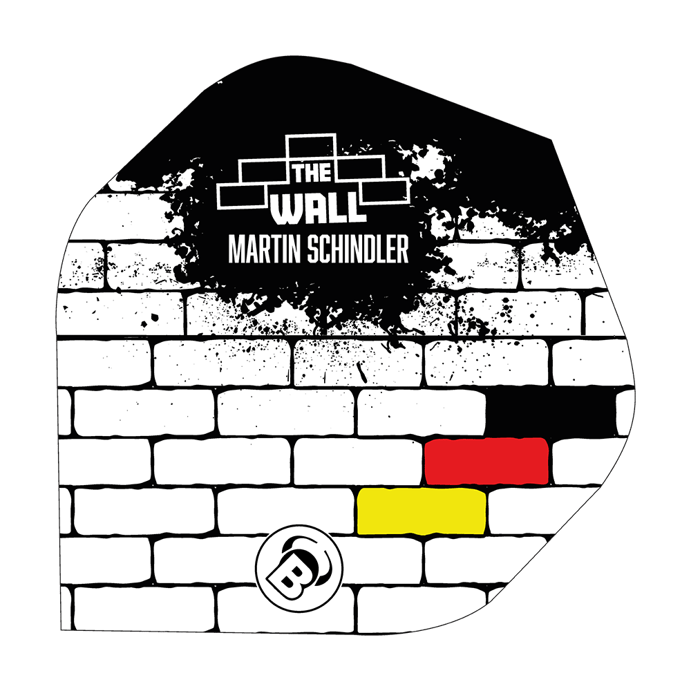 Das Bild zeigt ein Dart Flight mit einem weißen Ziegelmuster und schwarzen, roten und gelben Farbfeldern. Oben steht der Schriftzug "THE WALL MARTIN SCHINDLER".