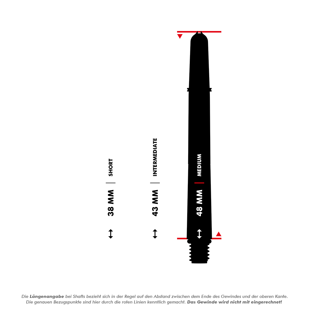 Dieses Bild zeigt drei verschiedene Längen von Dartshafts: 38 mm (Short), 43 mm (Intermediate) und 48 mm (Medium). Die roten Linien markieren die genauen Bezugspunkte zur Längenmessung, wobei das Gewinde nicht mit einberechnet wird.