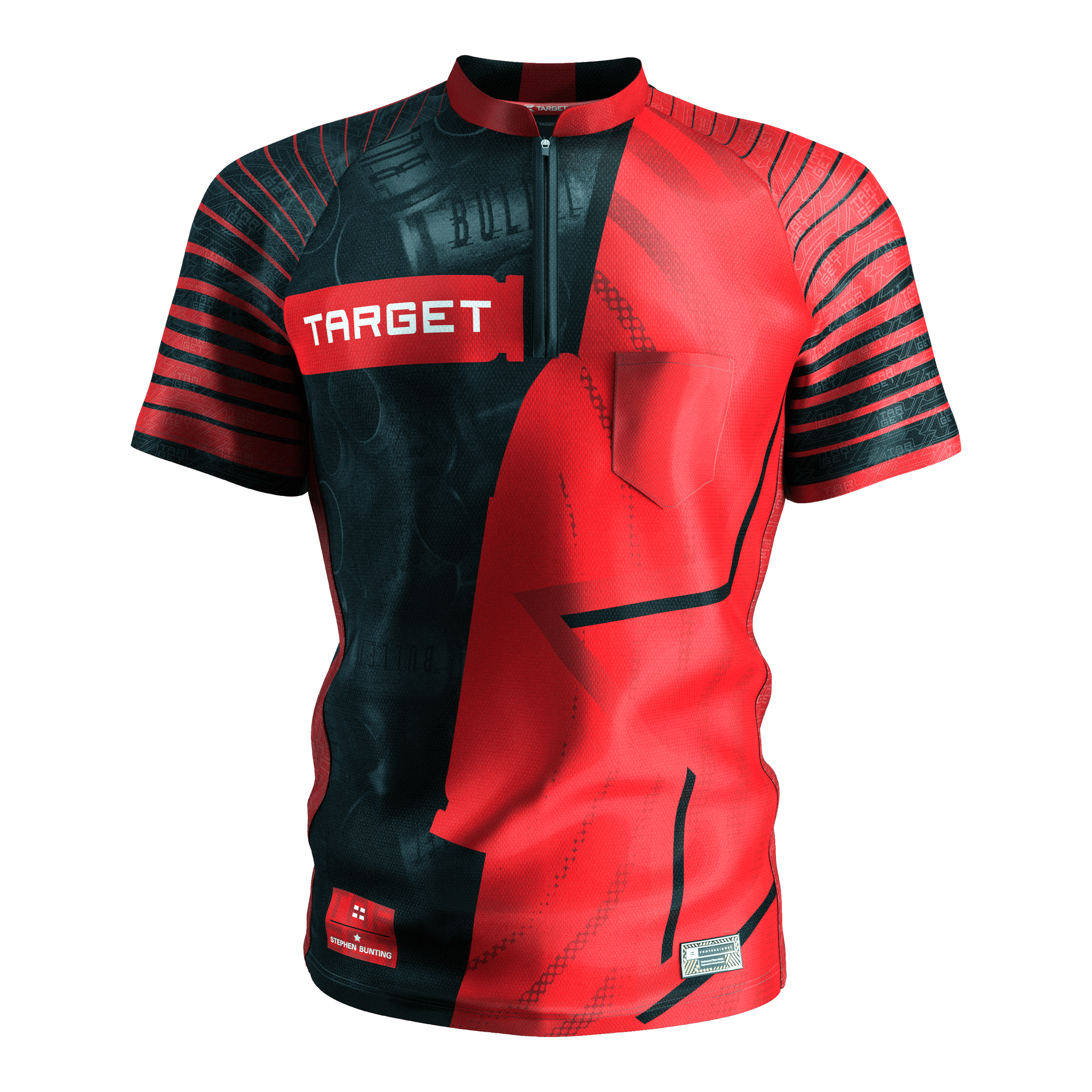 Target Coolplay Stephen Bunting 2025 dartshirt Das Bild zeigt das Target Coolplay Stephen Bunting 2025 Dartshirt. Das Shirt ist rot-schwarz gestaltet mit auffälligen Streifen und dem weißen "TARGET" Logo auf der Brust.