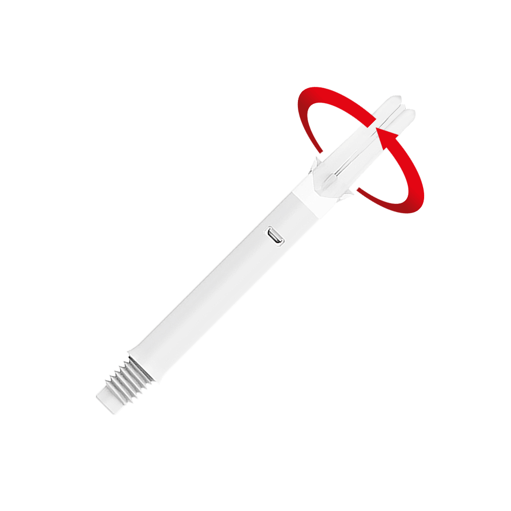 L-L-Style-Shafts Silent Straight - Wit Das Bild zeigt einen weißen Dartshaft ohne Kappen. Ein roter Pfeil deutet darauf hin, dass sich das obere Ende drehen kann.
