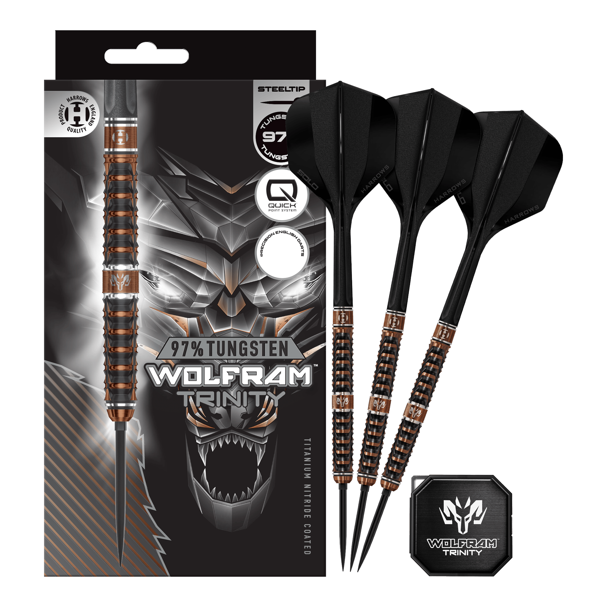 Harrows Tungsten Trinity Quick Point stalen dartpijlen Hier sieht man die Harrows Wolfram Trinity Quick Point Steeldarts in voller Ansicht. Die Steeldarts zeichnen sich durch innovative Technik aus.