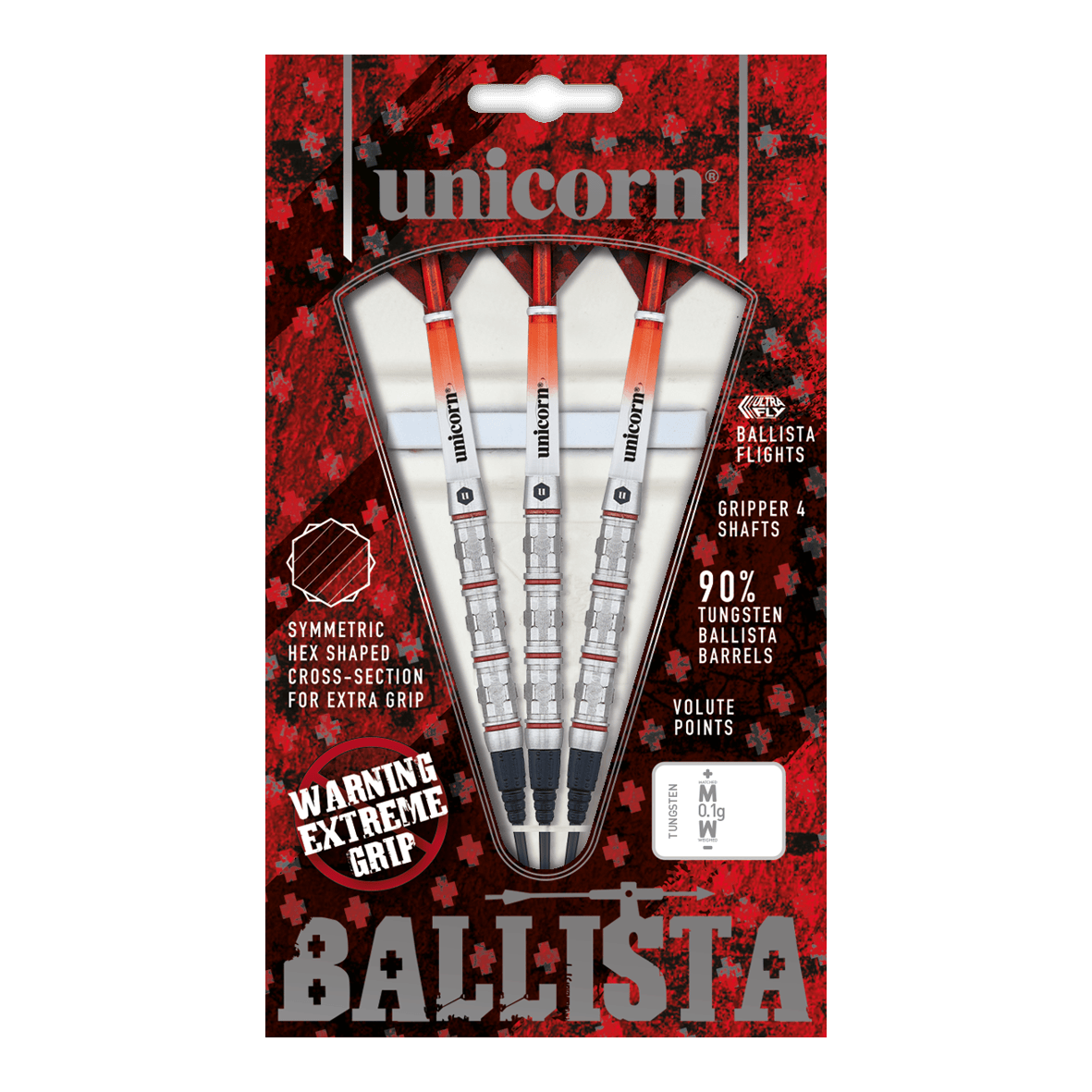 Unicorn Ballista Style 4 zachte darts Das Bild zeigt die „Unicorn Ballista Style 4 Softdarts“ in einer rot-schwarzen Verpackung. Drei Softdarts mit auffälliger Griffstruktur und Zubehör sind sichtbar angeordnet.