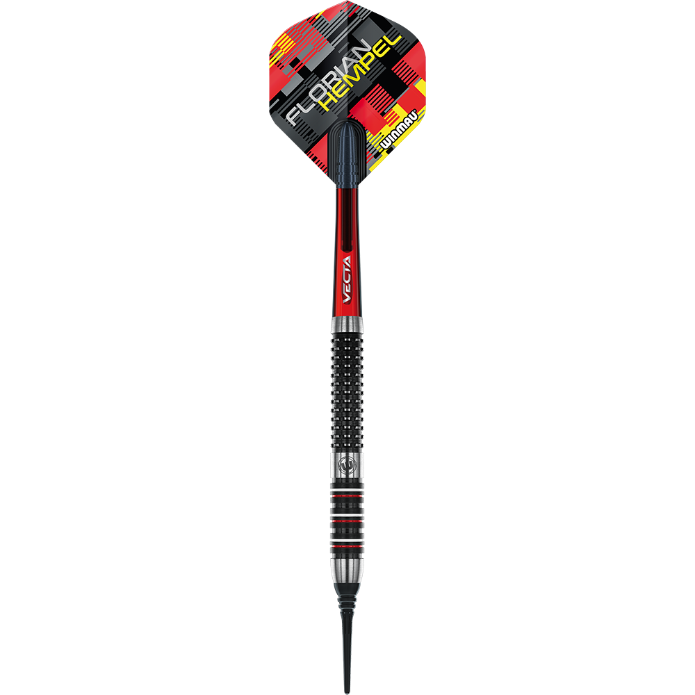 2466_Winmau_Florian_Hempel_Softdarts_1akpLr2CixJVwy Das Bild zeigt einen Winmau Florian Hempel Softdart mit einem Gewicht von 21g. Die Flights sind bunt gestaltet und tragen den Namen "Florian Hempel".