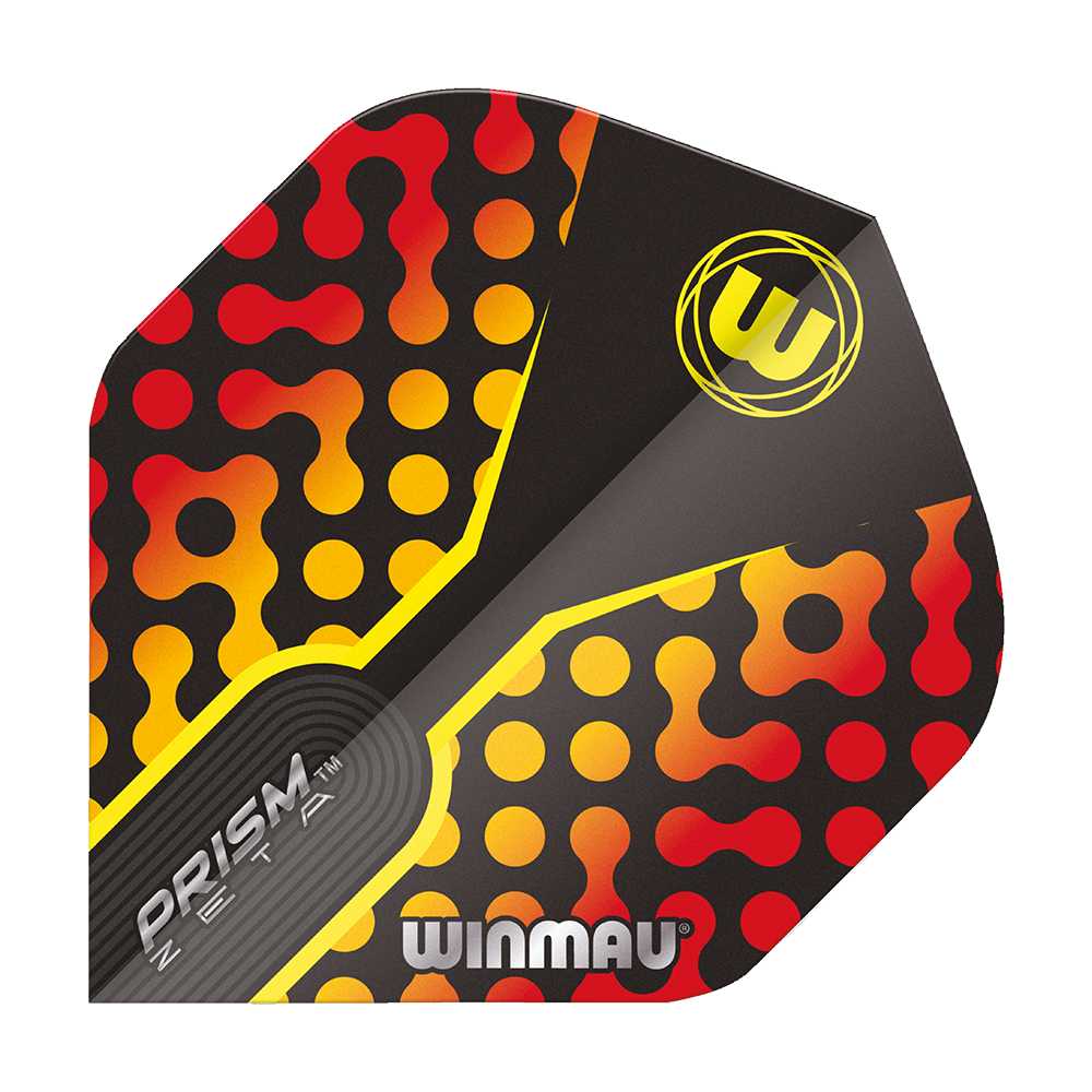 6915-308_Winmau_Prism_Zeta_RedOrange_Standard_Flights_1auDRDOiYoqryT Das Bild zeigt das Produkt "Winmau Prism Zeta RedOrange Standard Flights". Das Design ist schwarz mit roten, gelben und orangefarbenen Punkten und Mustern.