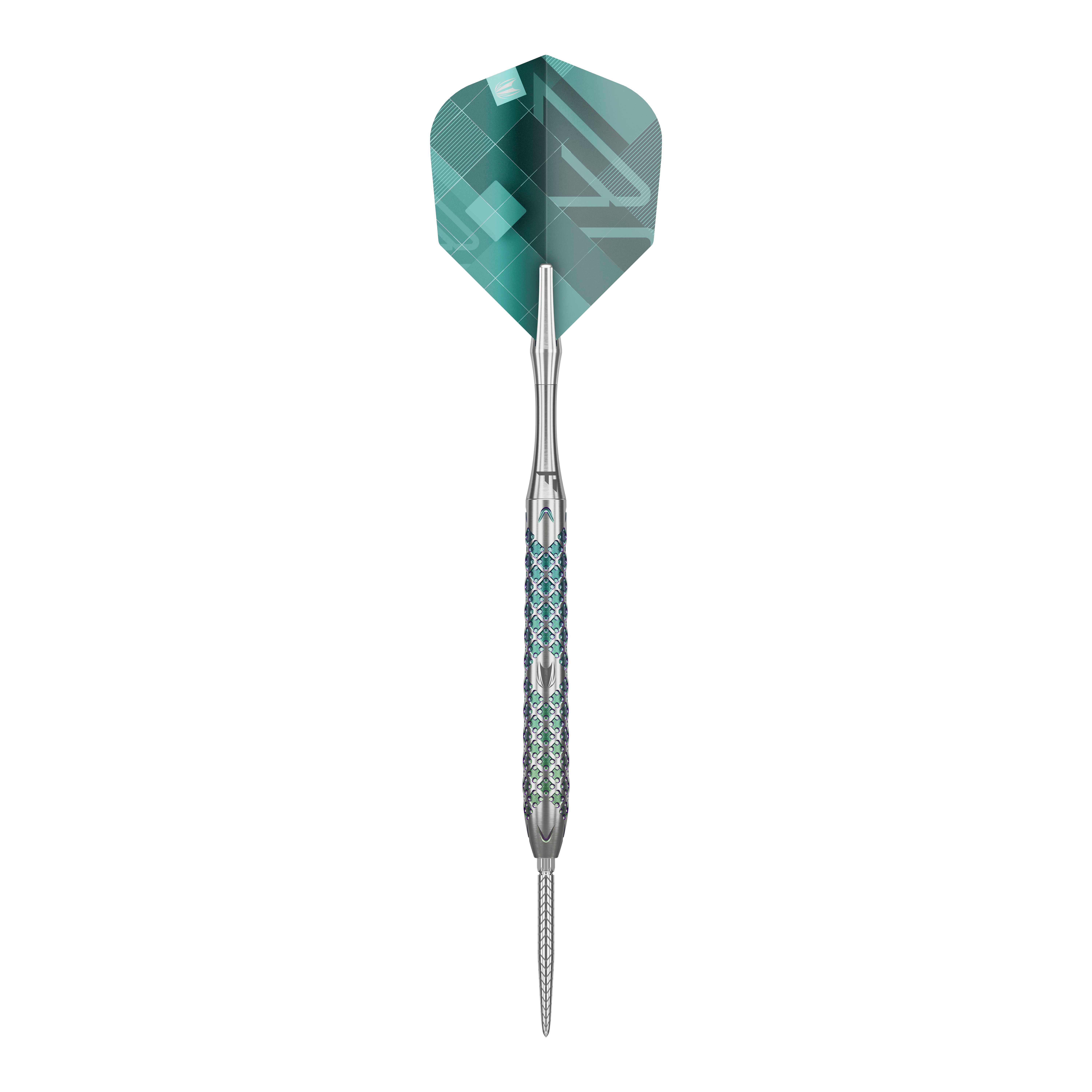Target Rove 03 Swiss Point stalen dartpijlen Das Bild zeigt einen Target Rove 03 Swiss Point Steeldart. Der Dart hat ein silbernes Metallgehäuse mit blauen Akzenten und eine grüne Flight.