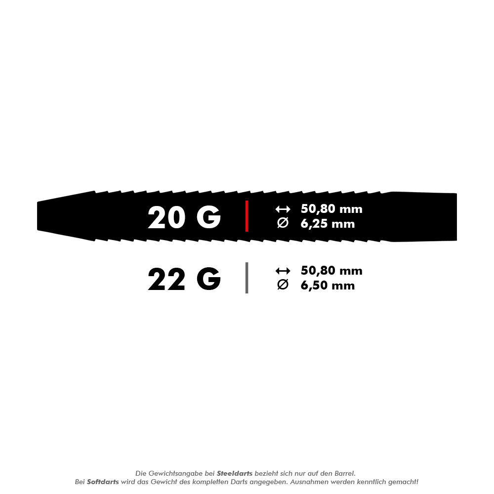 Red Dragon Razor Edge Zwarte Steeldarts Das Bild zeigt die technischen Daten von zwei Darts mit einem Gewicht von 20 g und 22 g. Die Länge beträgt jeweils 50,80 mm, der Durchmesser 6,25 mm (20 g) bzw. 6,50 mm (22 g).