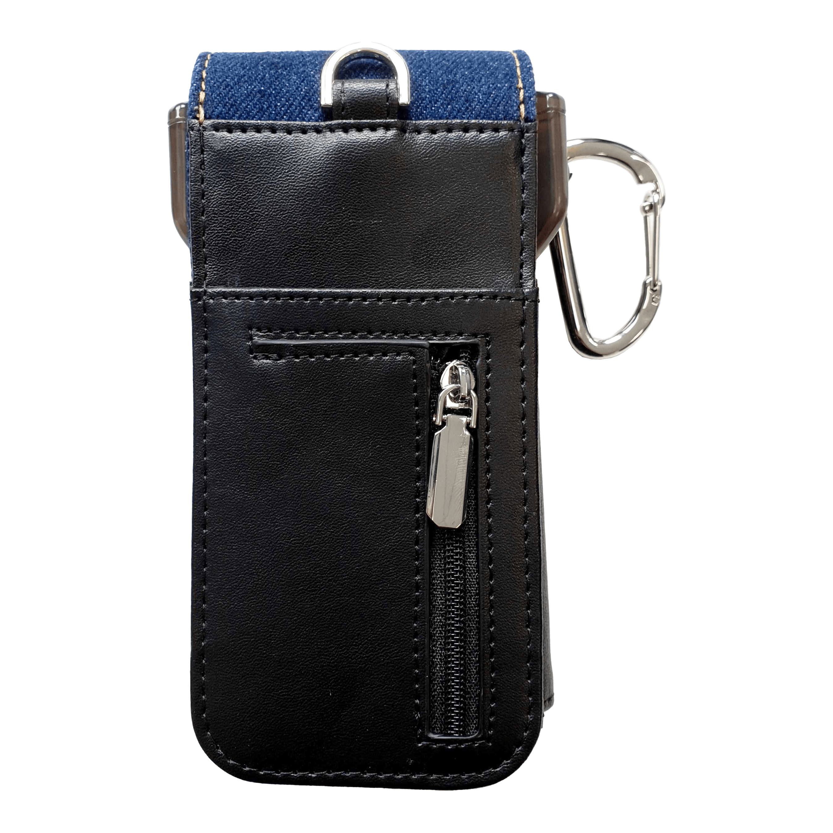 Cameo Acento Denim Dart-hoesje Das Bild zeigt ein elegantes Dart-Etui aus schwarzem Leder mit einem Reißverschlussfach. Am oberen Rand befindet sich ein Karabinerhaken und ein Einsatz aus dunkelblauem Denim-Stoff.