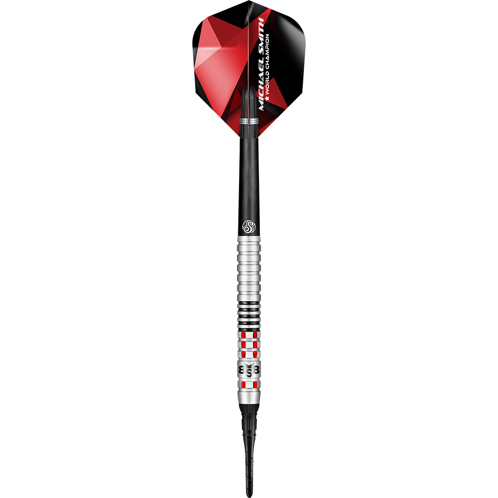 Shot Michael Smith bereikt zachte darts Auf dem Bild ist ein Softdartpfeil mit silbernen und schwarzen Elementen zu sehen. Das Flights ist rot-schwarz und trägt die Aufschrift "Michael Smith World Champion".