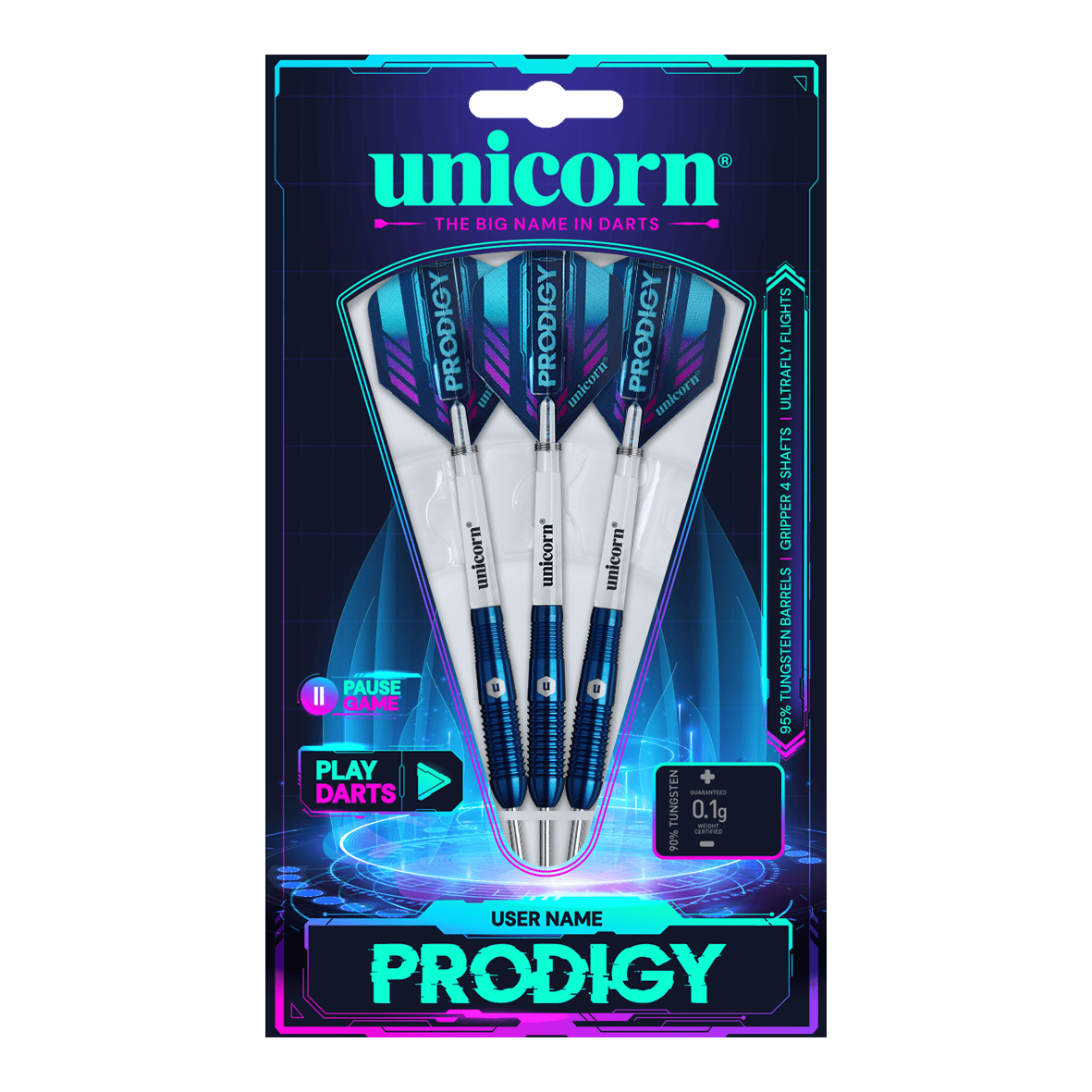 Das Bild zeigt eine Packung mit drei Unicorn Prodigy 02 Torpedo Steeldarts. Die Verpackung ist farbenfroh gestaltet und hebt das Produkt und den Markennamen hervor.