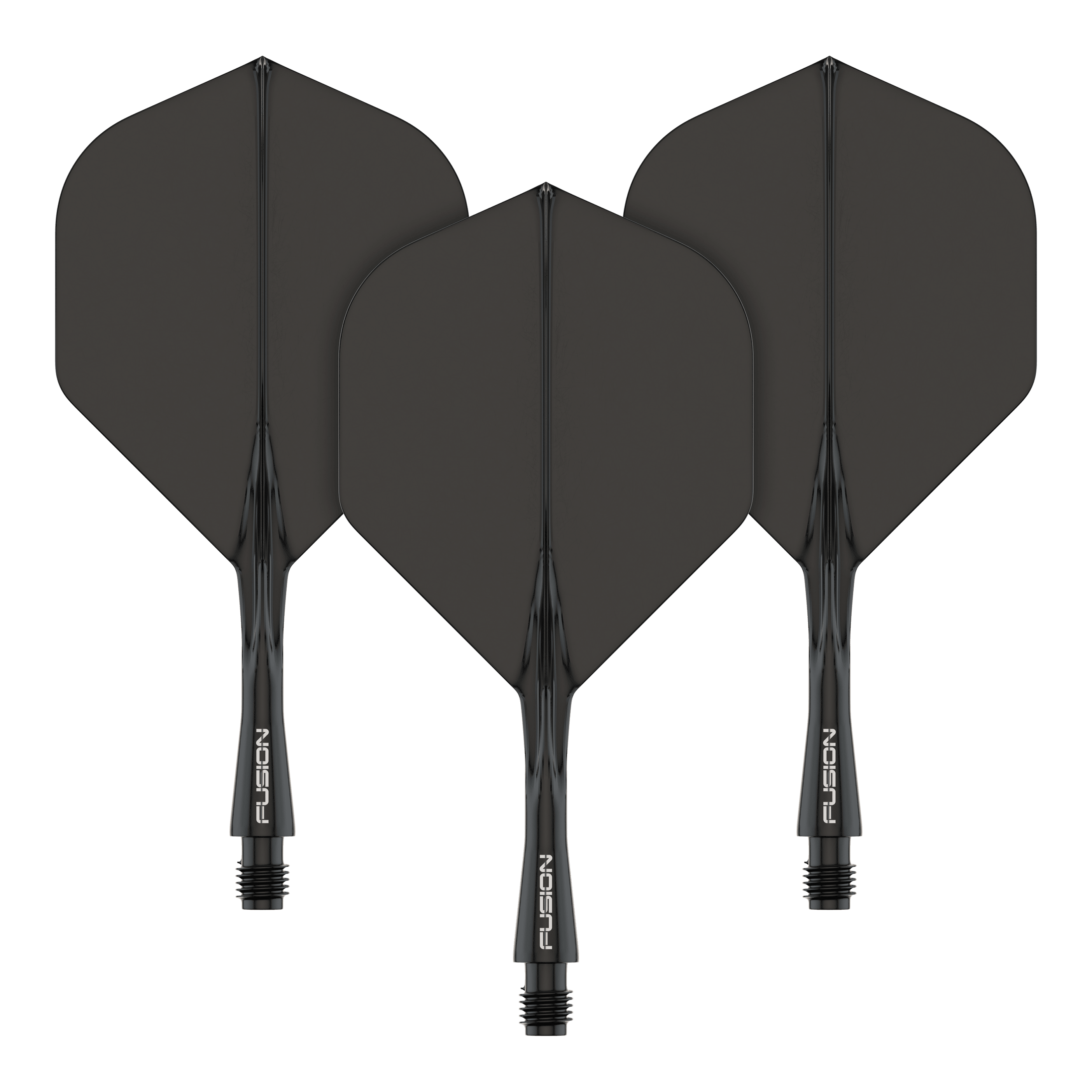 Winmau Fusion Flight Shaft System Standaard Zwart Das Bild zeigt drei schwarze Dartflights mit integrierten Schäften. Auf den Schäften steht das Wort "FUSION" in weißer Schrift.