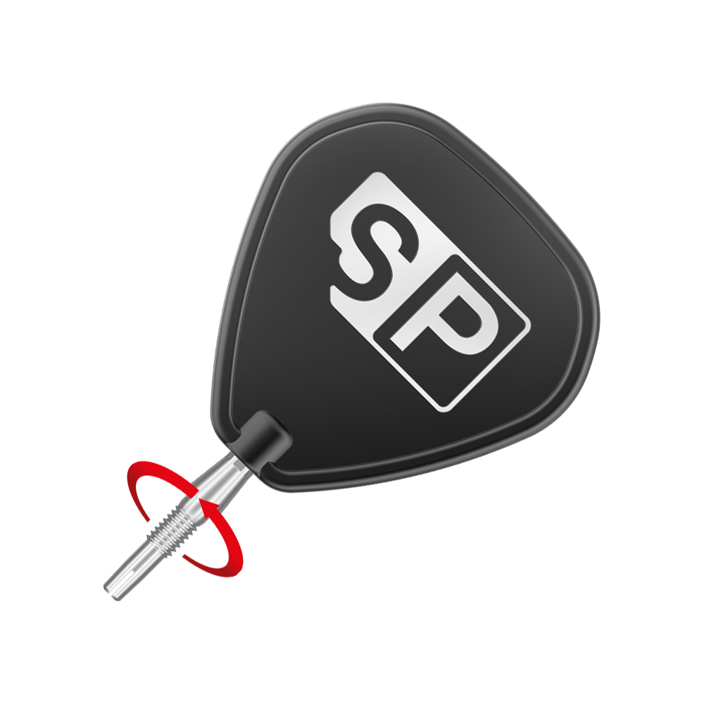 Target Swiss Storm Diamond Point Dartpunten - Zilver Das Bild zeigt eine Dartspitze mit schwarzem SP-Werkzeug zum Einschrauben. Um die Spitze ist ein roter Pfeil zu sehen, der die Drehbewegung anzeigt.