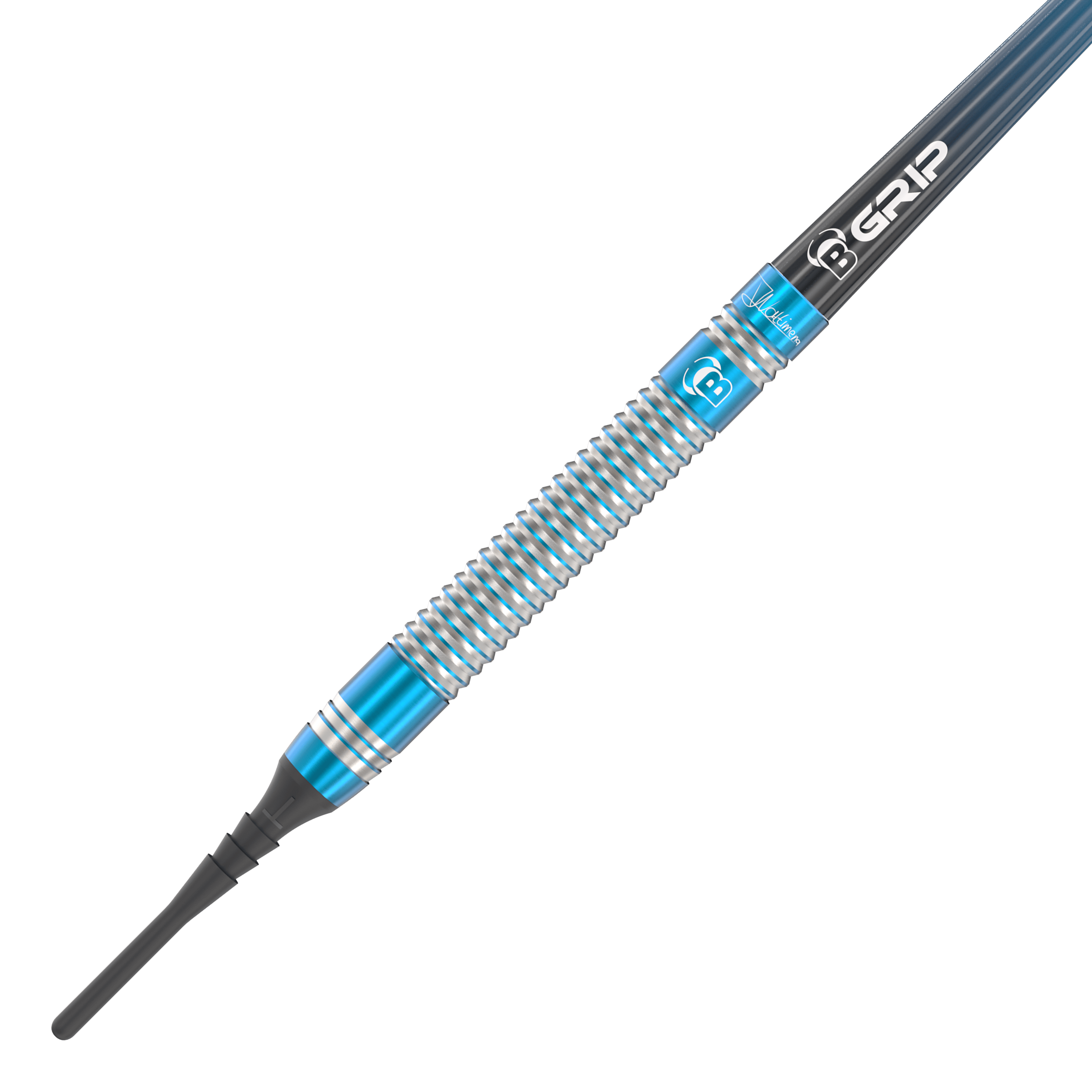 Bulls Jermaine Wattimena Generatie 3 Zachte Darts - 20g Das Bild zeigt einen Softdart mit silbernen und blauen Rillen. Auf dem Schaft steht „B GRIP“ und der Dart wirkt hochwertig verarbeitet.