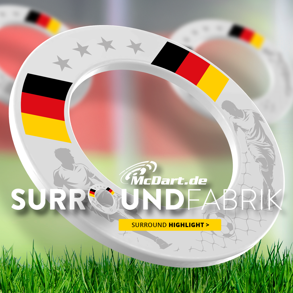 Auf dem Bild ist das Produkt McDartSurroundFabrik_HighlightHero_Fuball_(2) zu sehen. Das Produkt wird deutlich präsentiert.