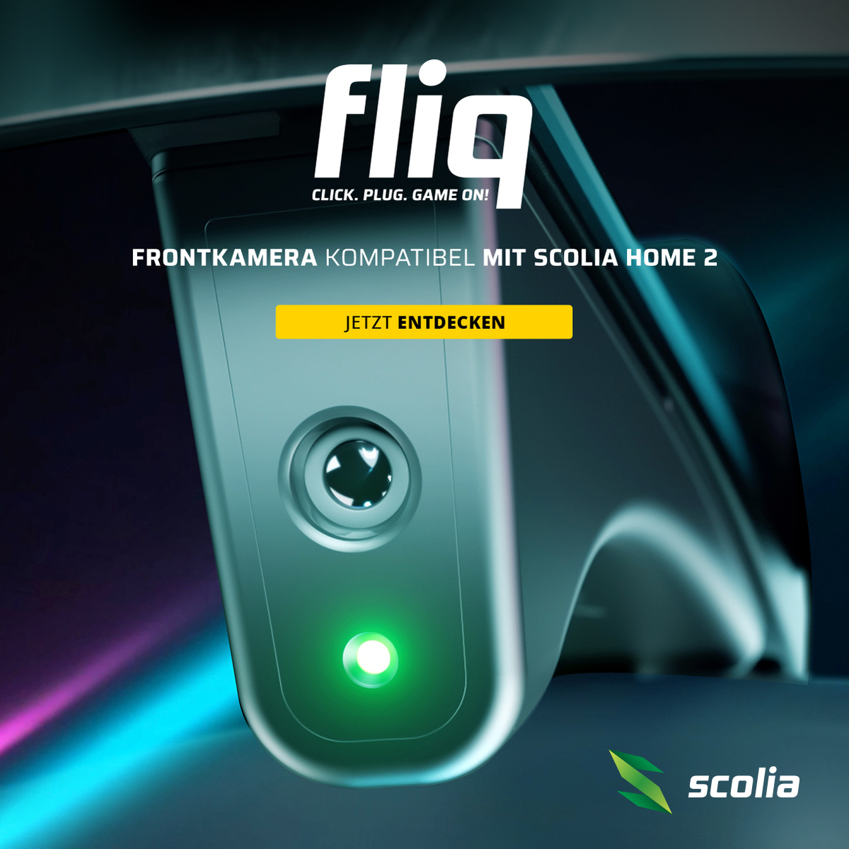 Das Bild zeigt die Scolia Fliq Kamera aus einer Heldenperspektive. Es handelt sich um das Produkt Scolia Fliq Kamera.