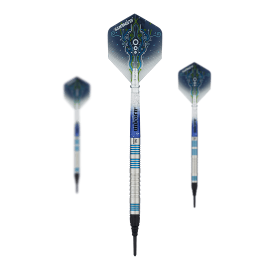 Unicorn T95 Core XL Blauwe zachte darts Das Bild zeigt drei Softdarts des Modells "Unicorn T95 Core XL Blue". Die Darts haben silberne Schäfte mit blauen Akzenten und blaue Flights mit einem abstrakten Muster.