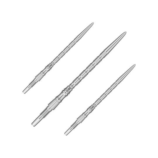 Das Bild zeigt ein Set silberner Dartspitzen mit einer Länge von 42 mm. Es handelt sich um Target SwissPoint Signature TRB Dartspitzen.