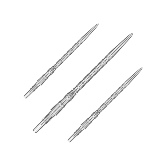 Target Signature Swiss Point TRB stalen dartpunten - zilver Das Bild zeigt ein Set silberner Dartspitzen mit einer Länge von 42 mm. Es handelt sich um Target SwissPoint Signature TRB Dartspitzen.